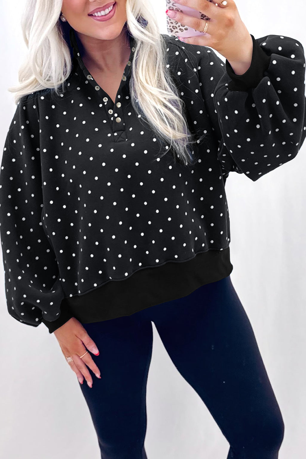Pink Polka Dot Print Metal Button Collar Casual Pullover Sweatshirt
