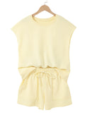 Yellow Cream Solid Color Tee Drawstring Shorts Comfy 2pcs Set