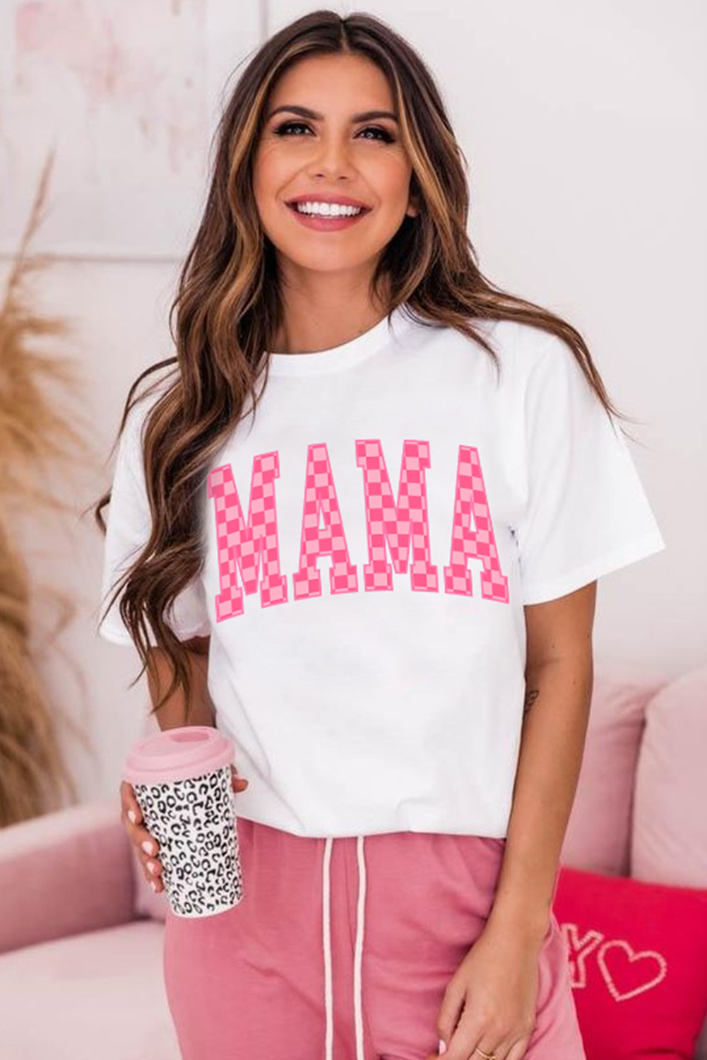 White Checkered MAMA Letter Heat Transfer Printing Graphic T Shirt