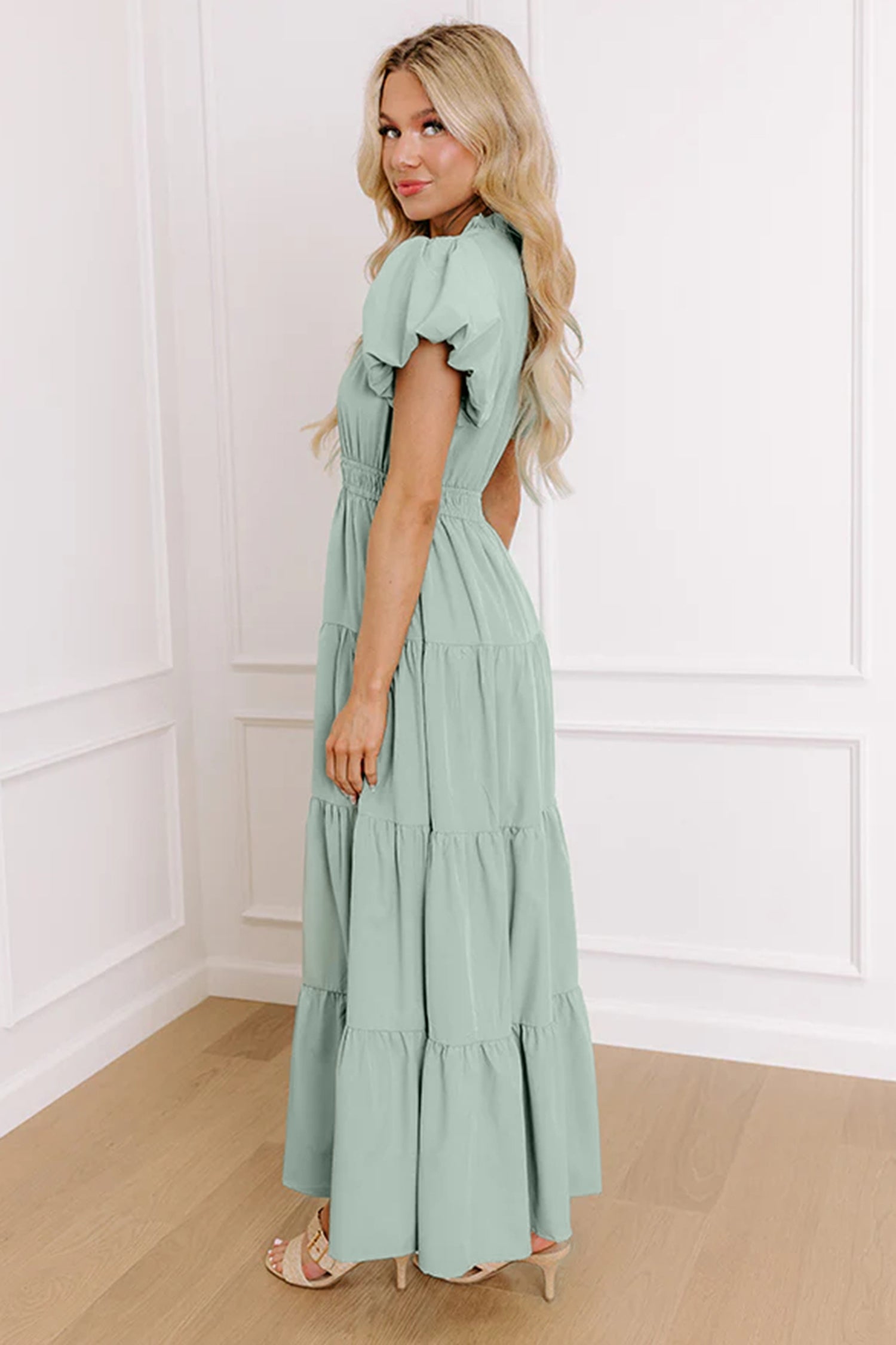 Gossamer Pink Solid Color V Neck Short Puff Sleeve High Waist Tiered Maxi Dress