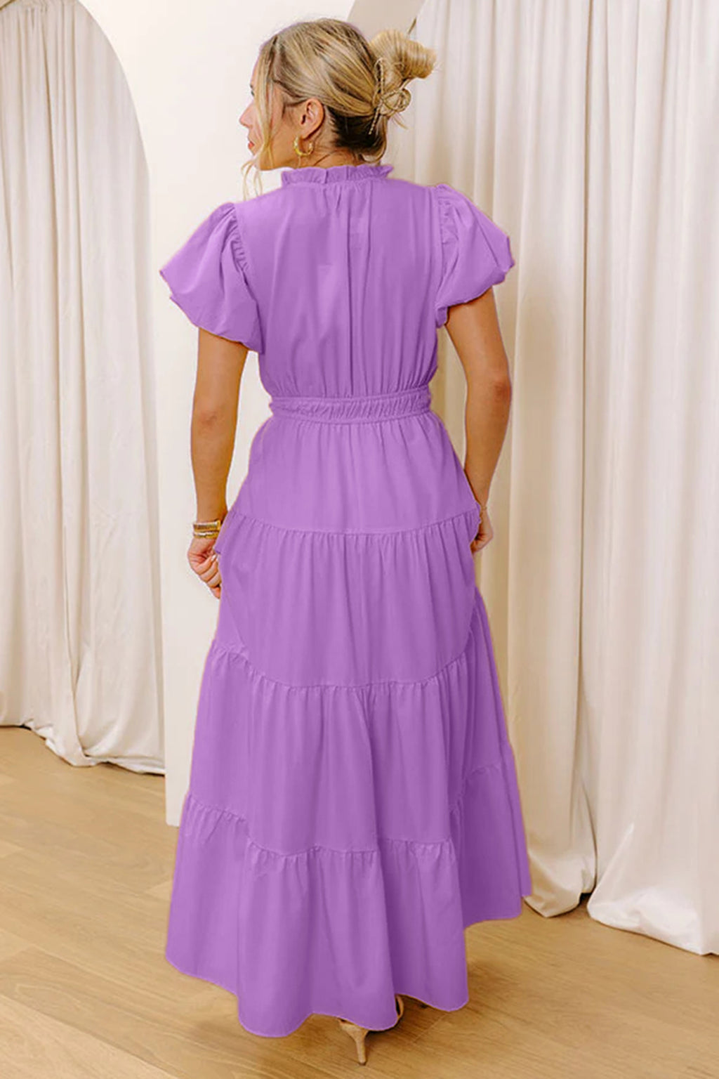 Gossamer Pink Solid Color V Neck Short Puff Sleeve High Waist Tiered Maxi Dress