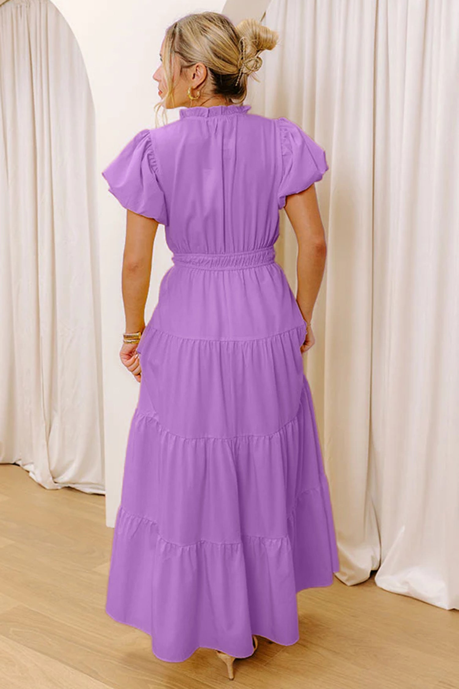 Gossamer Pink Solid Color V Neck Short Puff Sleeve High Waist Tiered Maxi Dress