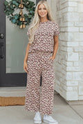Beige Leopard Print Casual Tee and Pants 2pcs Outfit