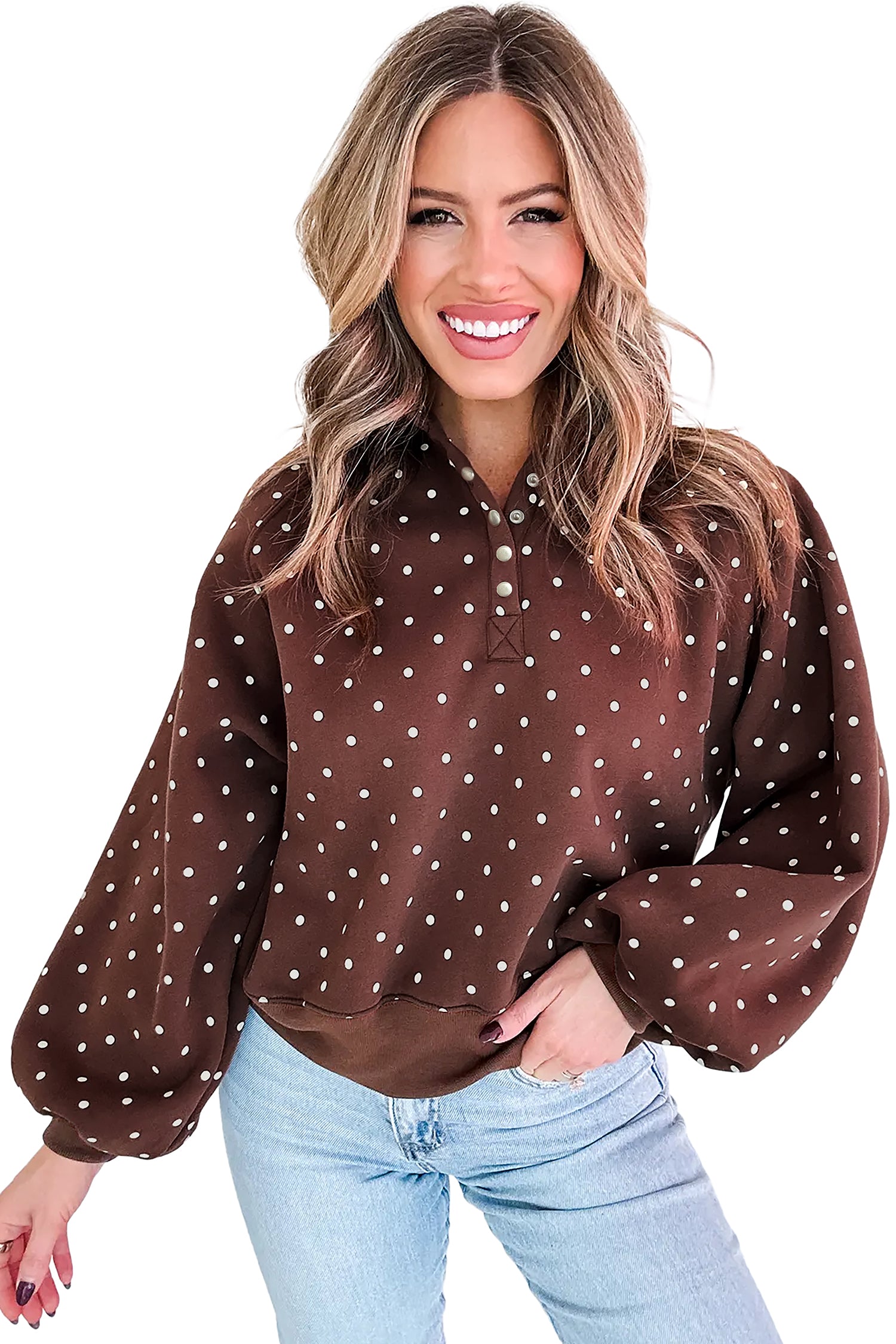 Pink Polka Dot Print Metal Button Collar Casual Pullover Sweatshirt