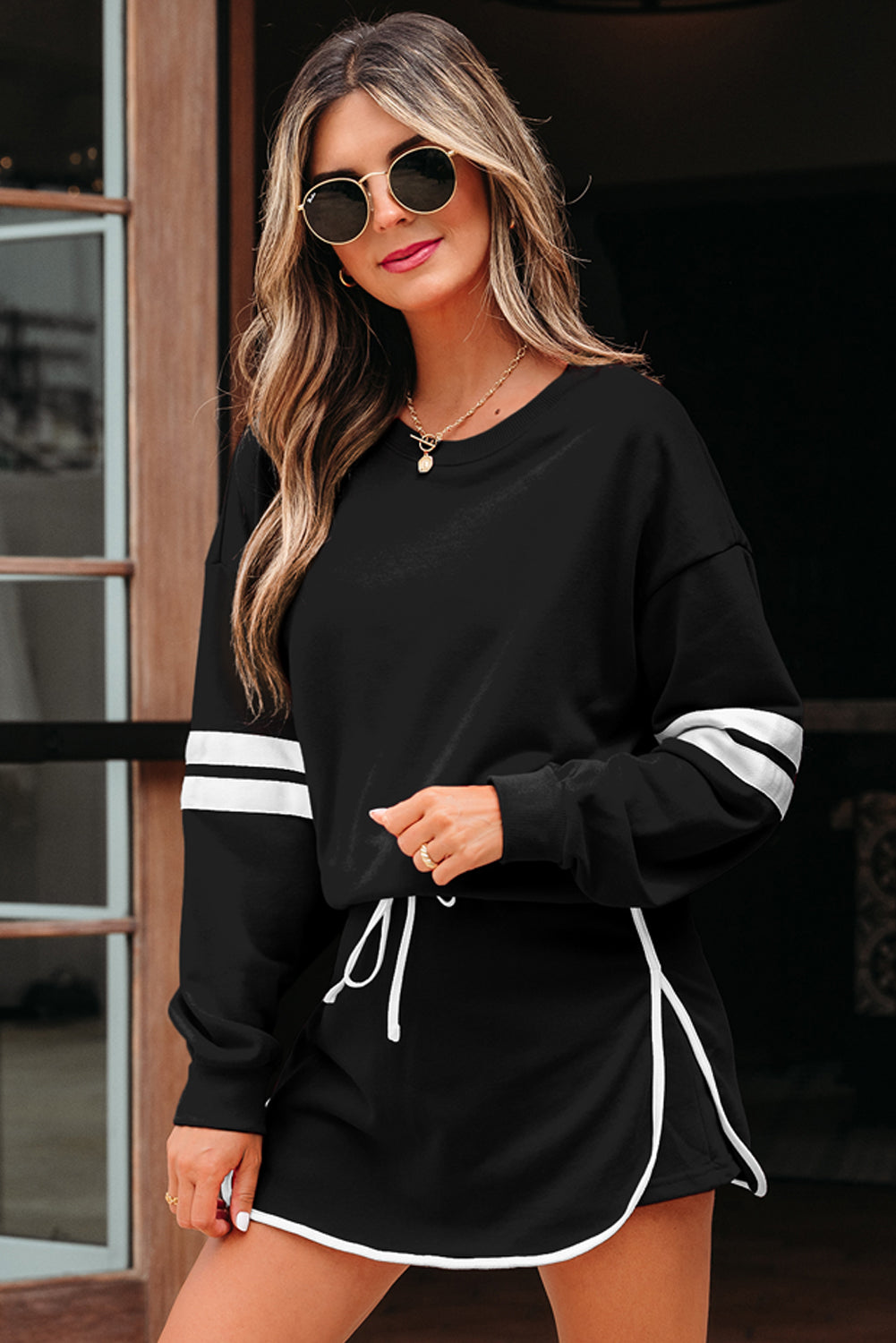 Orange Varsity Stripe Detail Drop Shoulder Pullover Mini Skort Set