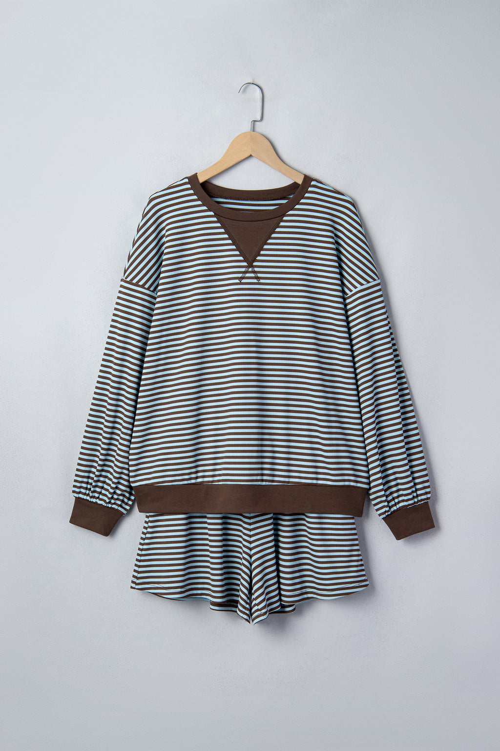 Yellow Stripe Oversized Long Sleeve Top Drawstring Loose Shorts 2pcs Set
