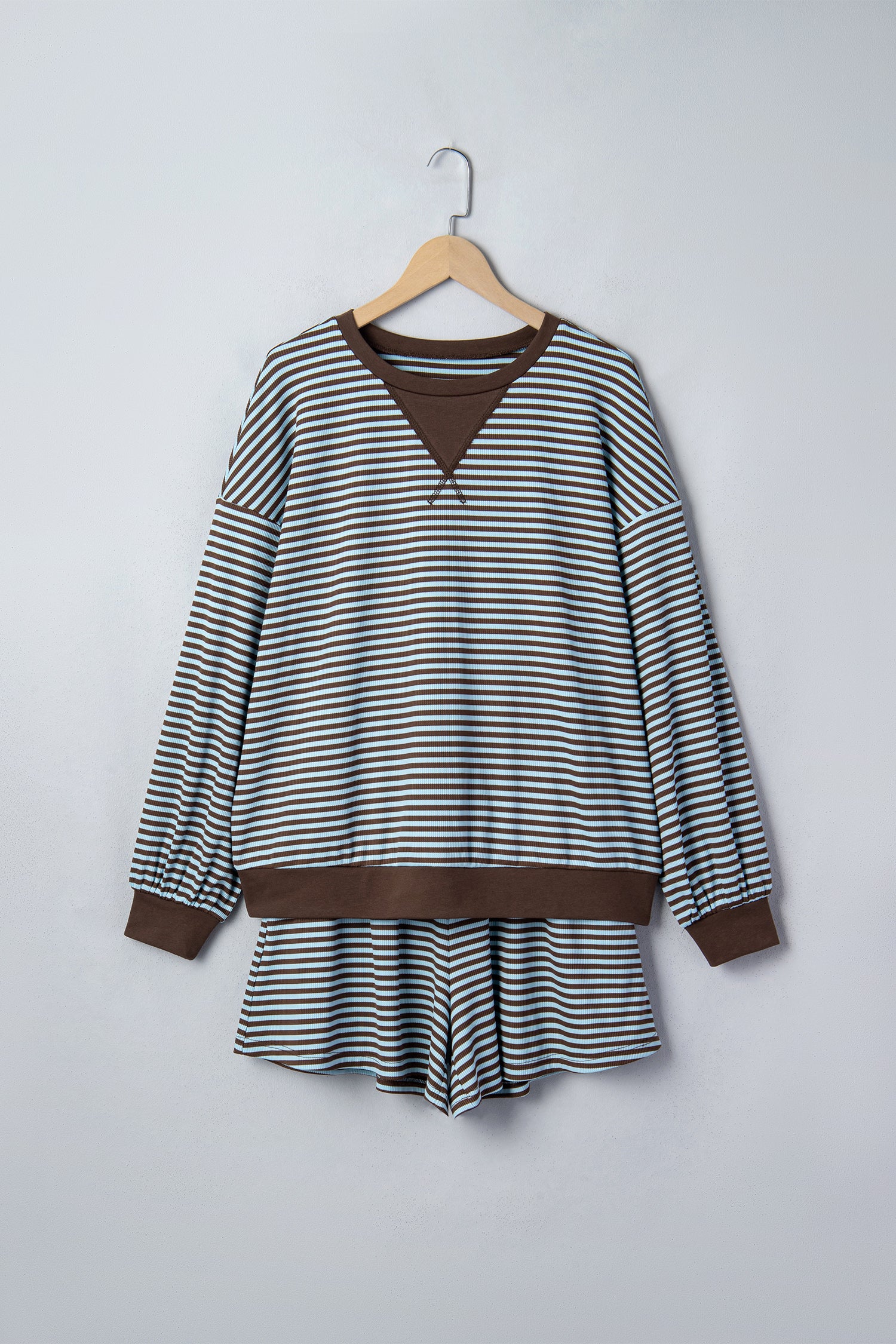 Yellow Stripe Oversized Long Sleeve Top Drawstring Loose Shorts 2pcs Set