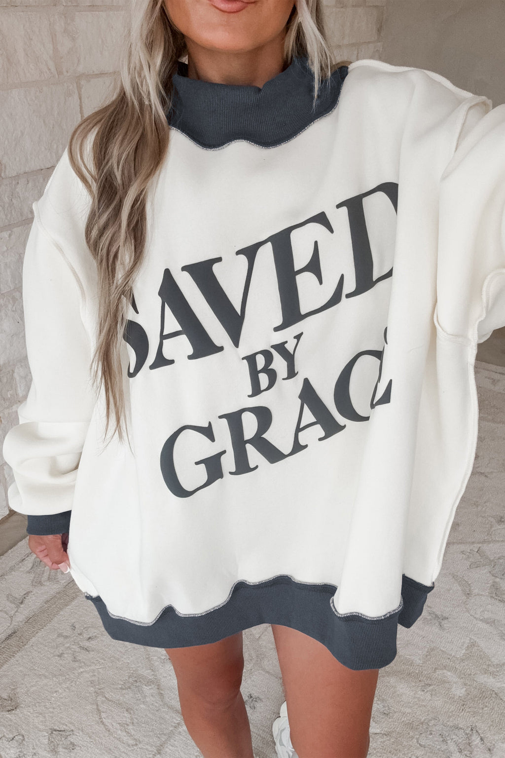 Bright Pink Saved By Grace Print Color Block Mock Neck Oversized Sweatshirt