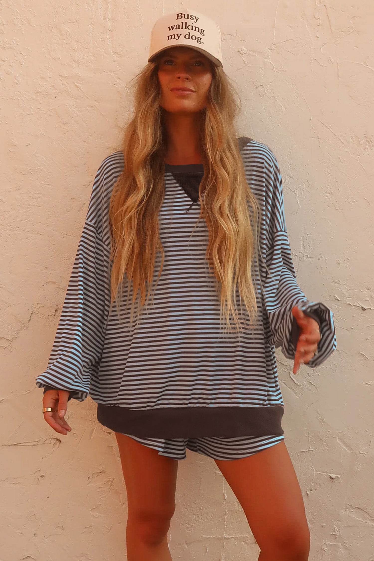 Yellow Stripe Oversized Long Sleeve Top Drawstring Loose Shorts 2pcs Set