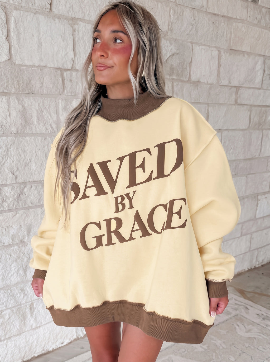 Bright Pink Saved By Grace Print Color Block Mock Neck Oversized Sweatshirt
