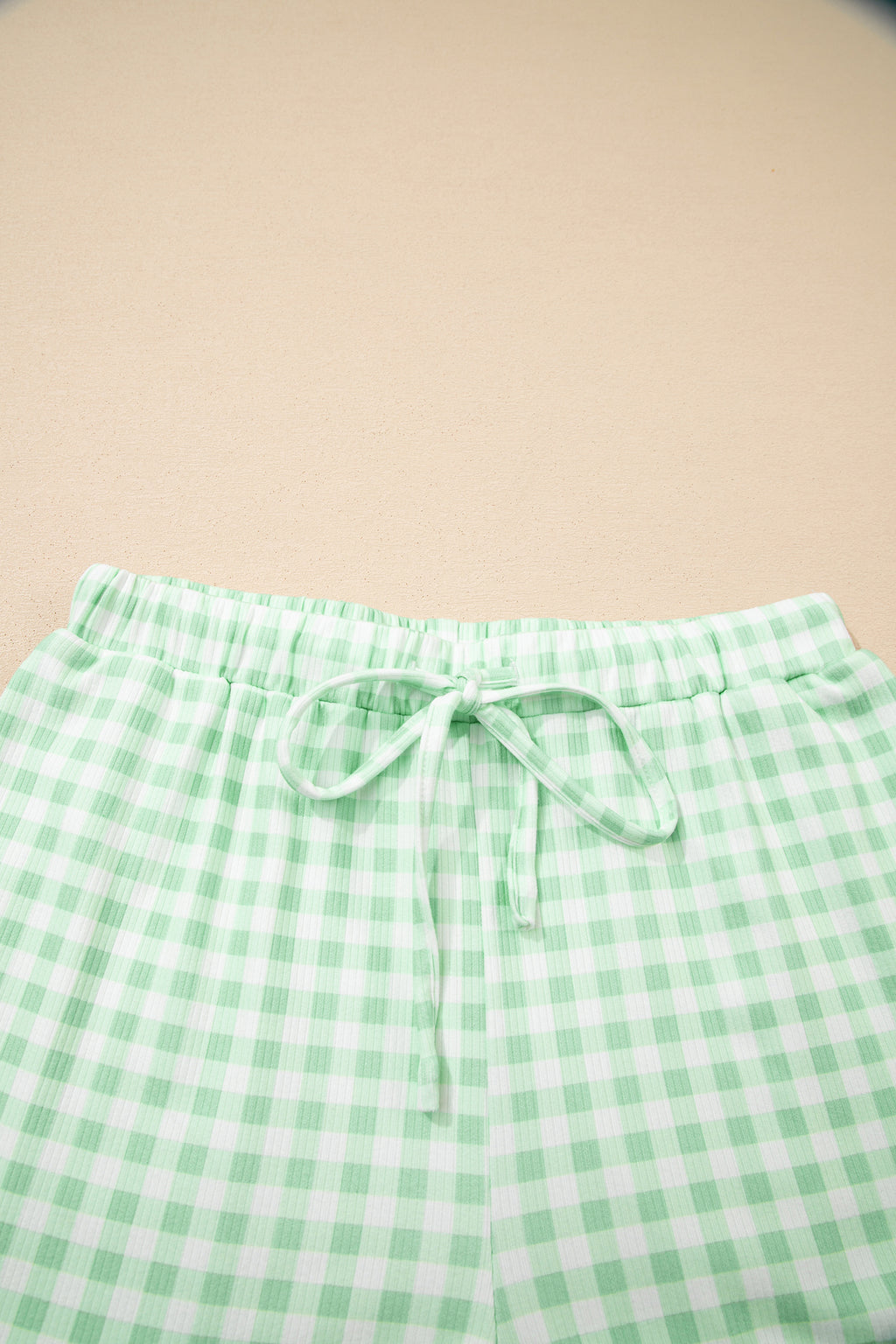 Green Gingham Long Sleeve Loose Top Drawstring Shorts 2pcs Lounge Set