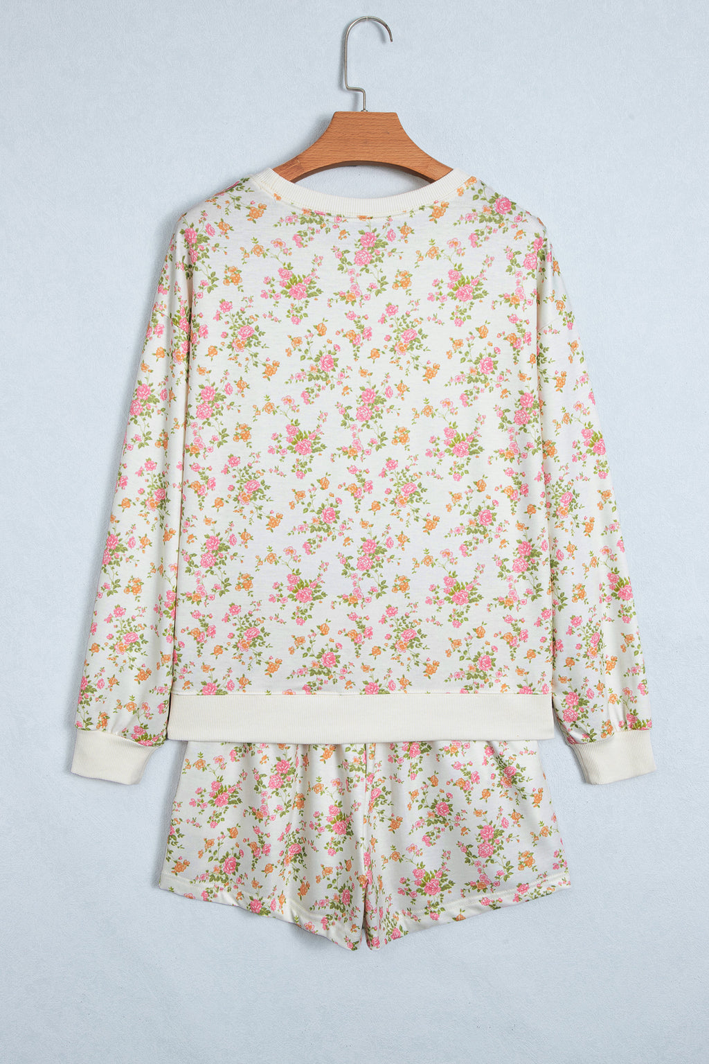 Beige Floral Print Long Sleeve Shift Top Pocketed Shorts 2pcs Set