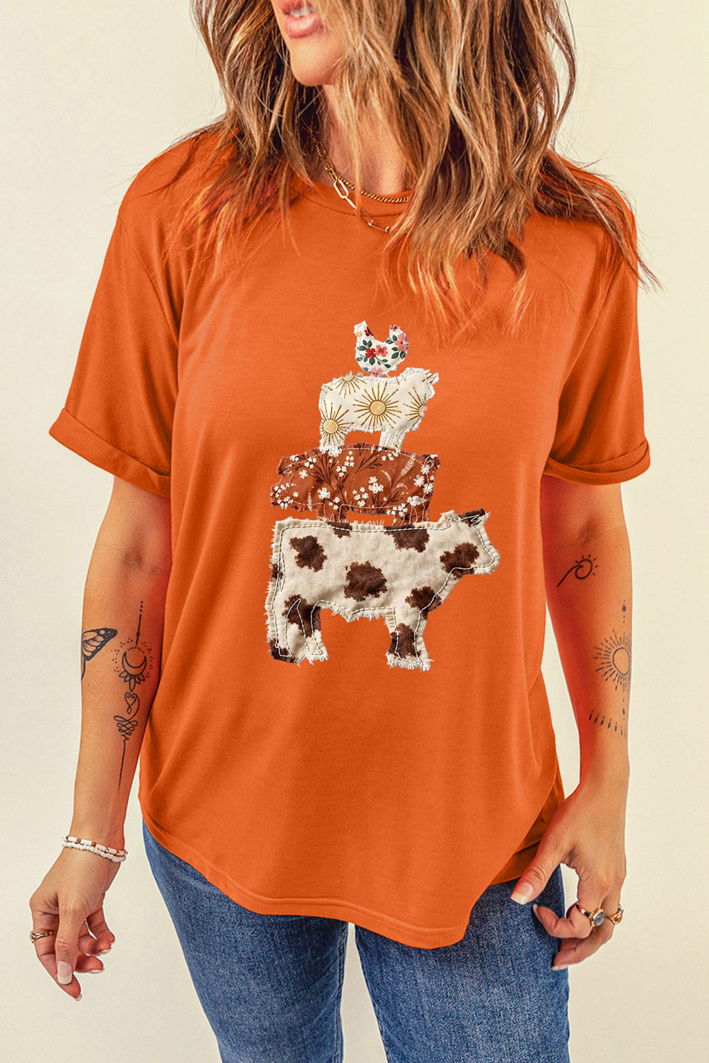 Orange Unique Animal Design Western Print T Shirt