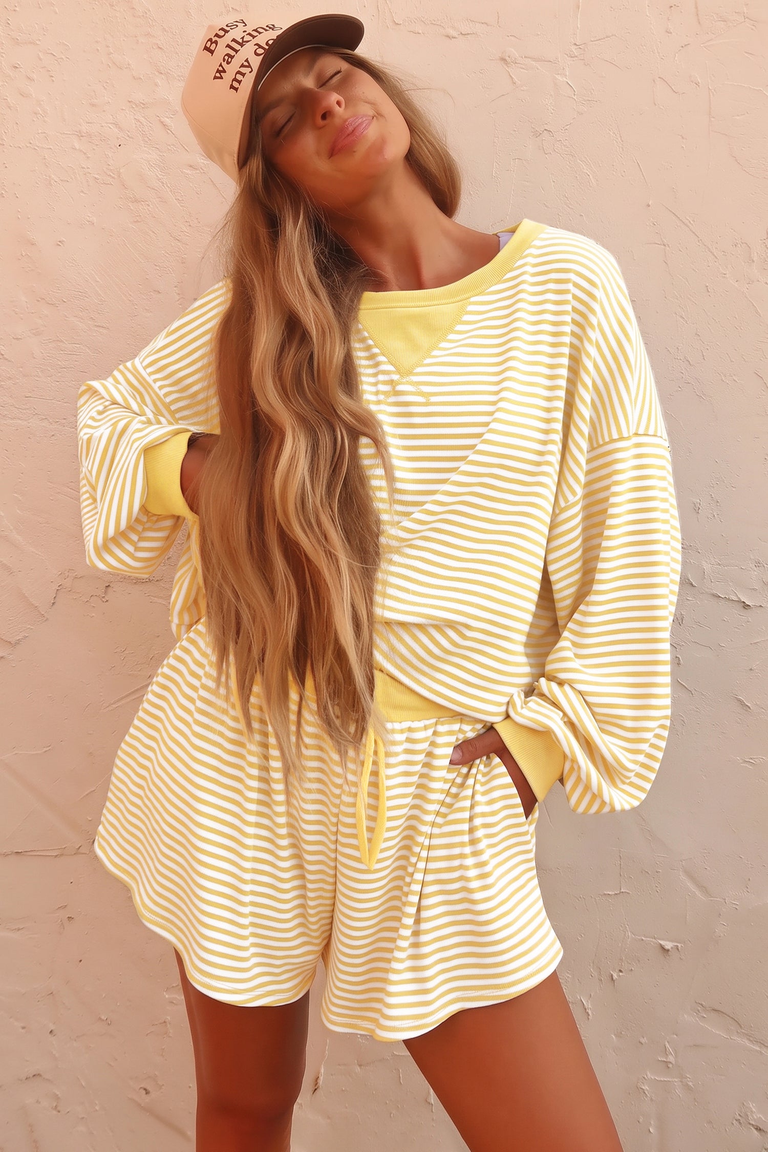 Yellow Stripe Oversized Long Sleeve Top Drawstring Loose Shorts 2pcs Set
