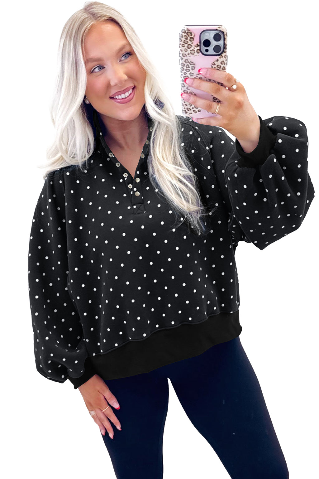 Pink Polka Dot Print Metal Button Collar Casual Pullover Sweatshirt