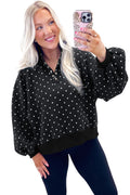 Pink Polka Dot Print Metal Button Collar Casual Pullover Sweatshirt