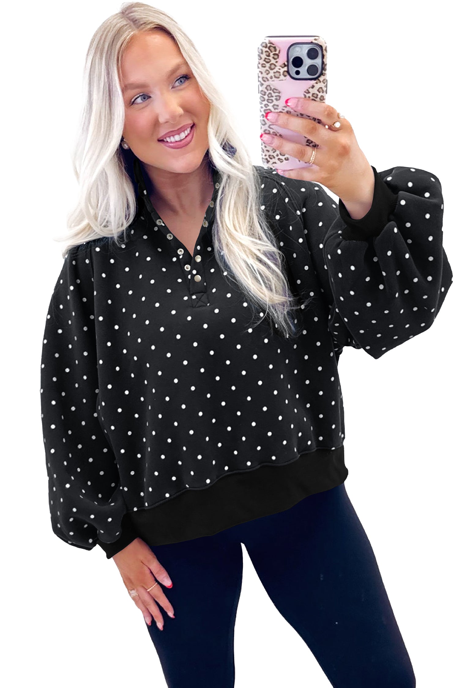 Pink Polka Dot Print Metal Button Collar Casual Pullover Sweatshirt