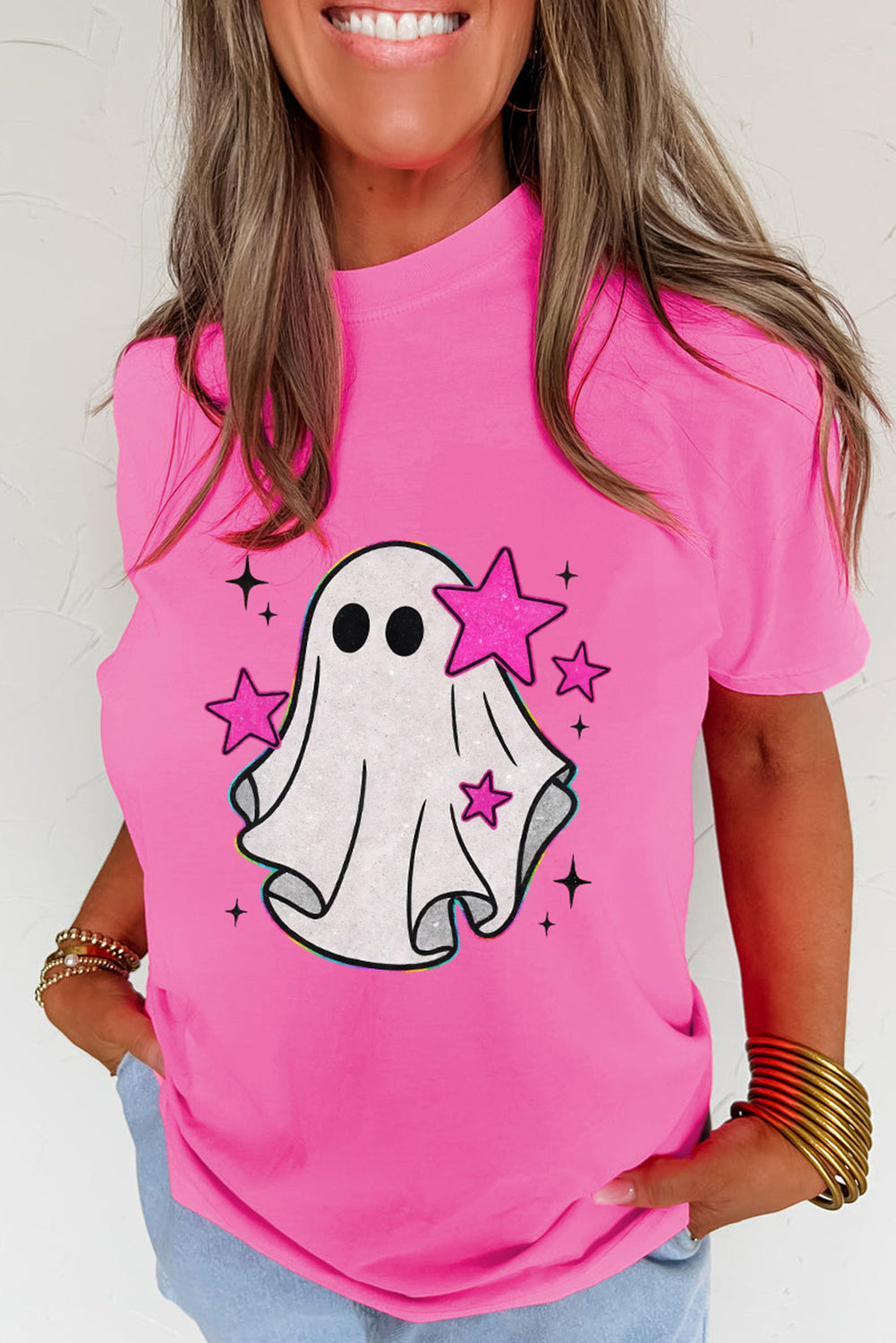 Sachet Pink Ghost Heat Transfer Printing Halloween T Shirt