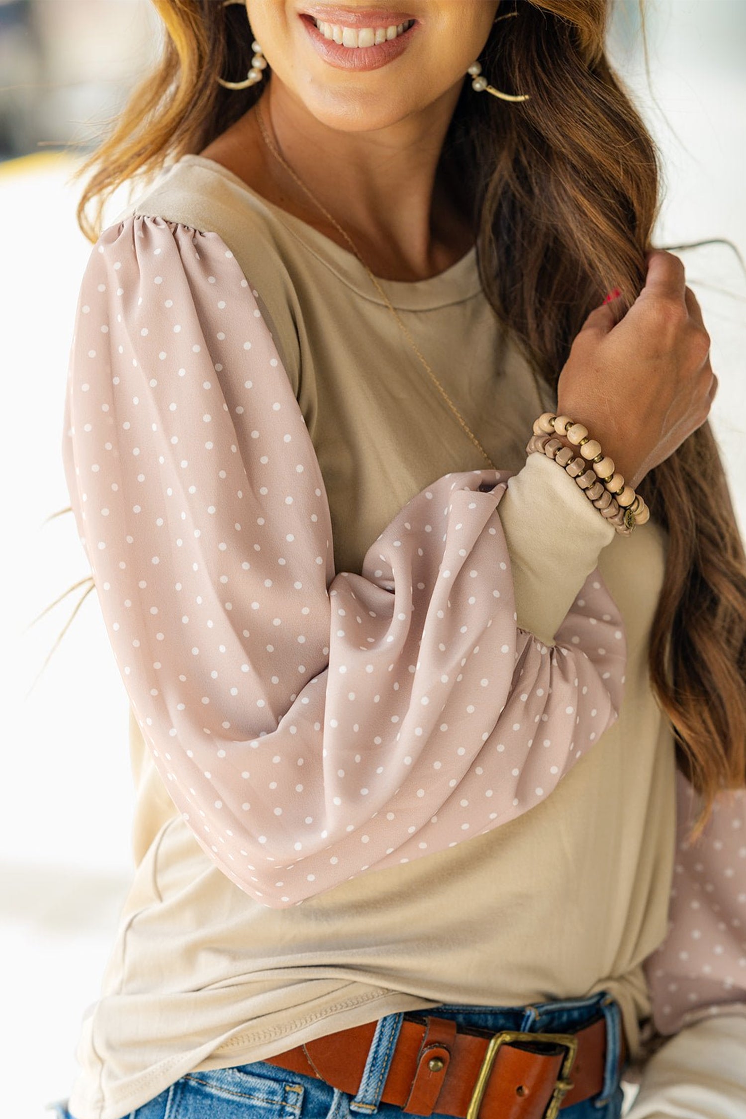 Parchment Polka Dot Long Sleeve Round Neck Plus Size Blouse