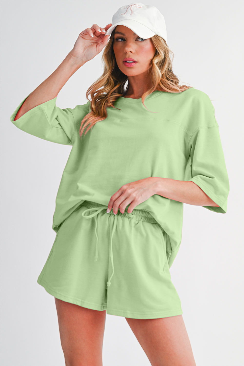 Bonbon Loose V Neck Tee and Drawstring Shorts Set
