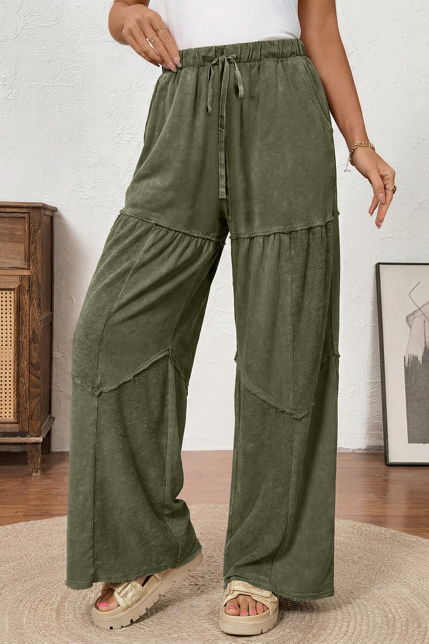 Vineyard Green Mineral Wash Tiered Wide Leg Patchwork Drawstring Pants