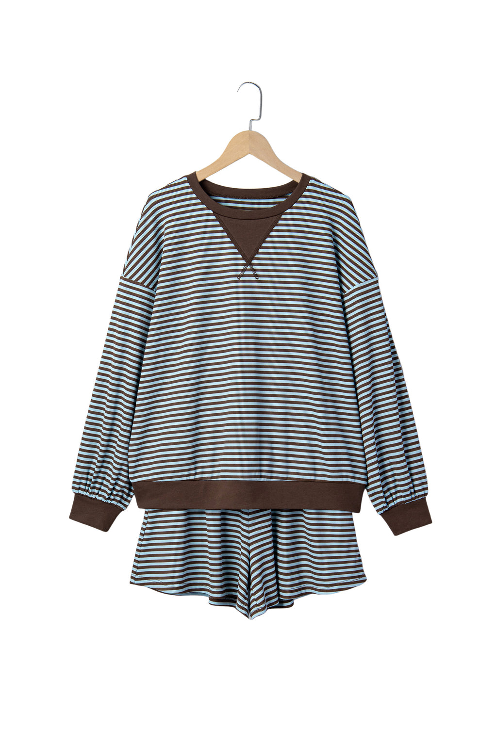 Yellow Stripe Oversized Long Sleeve Top Drawstring Loose Shorts 2pcs Set