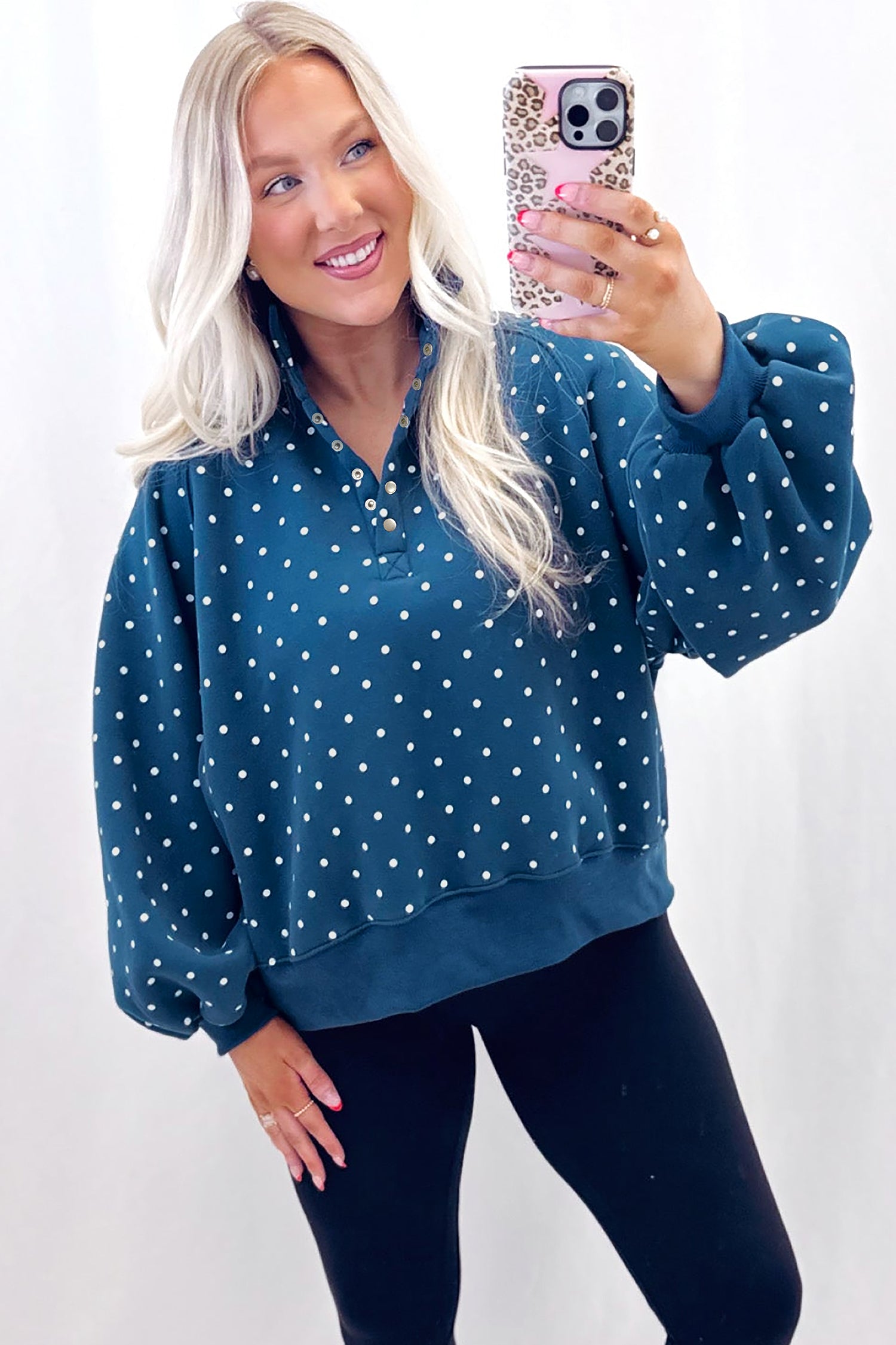 Pink Polka Dot Print Metal Button Collar Casual Pullover Sweatshirt