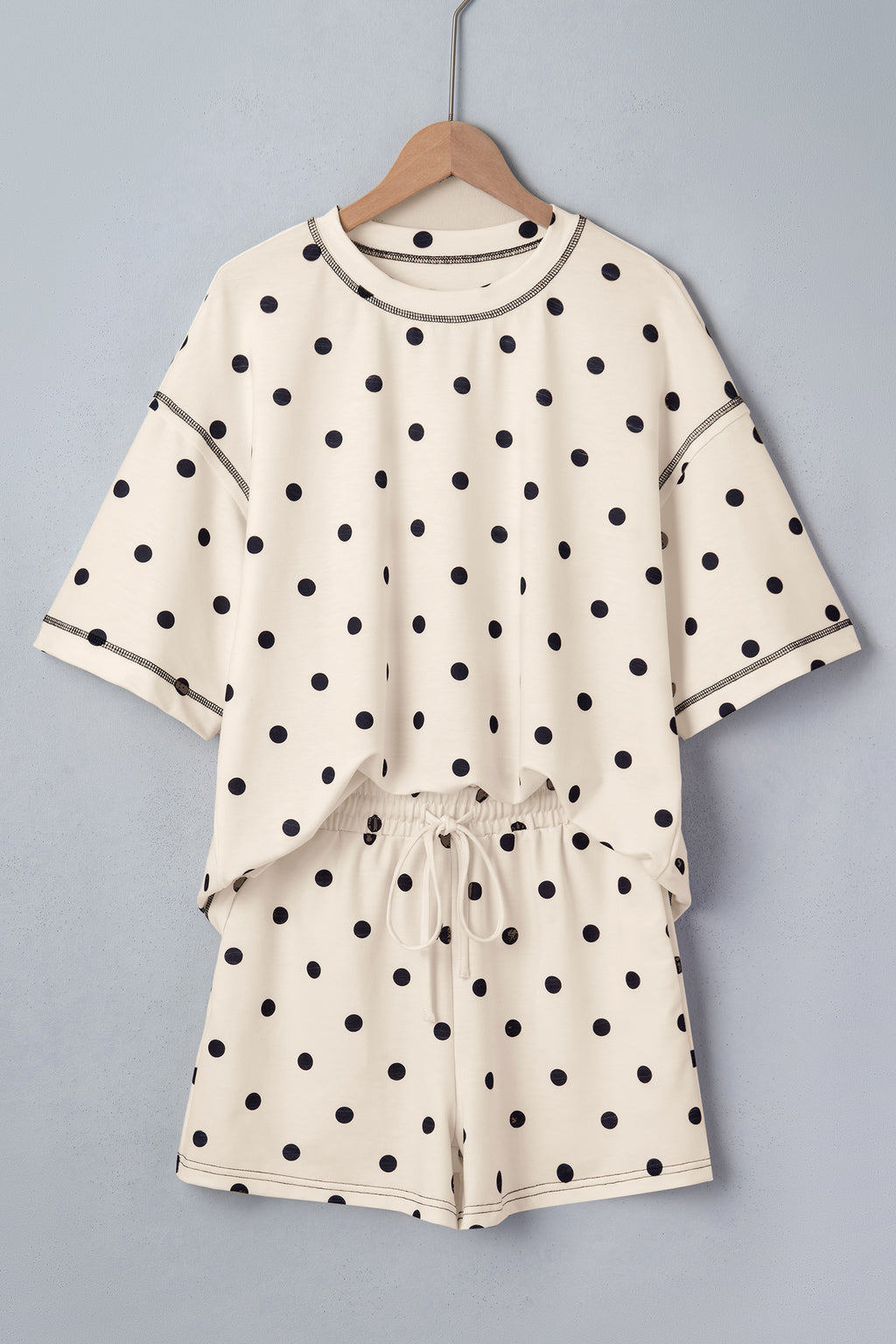 Pink Polka Dot Short Sleeve Loose Top Drawstring Shorts Set