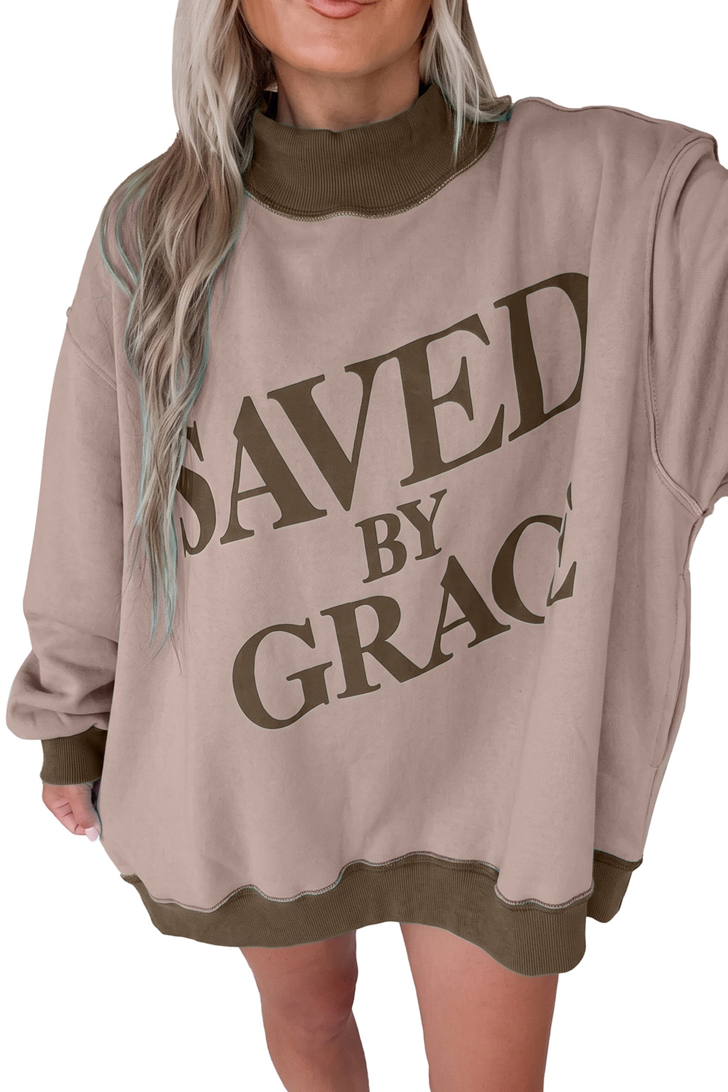 Bright Pink Saved By Grace Print Color Block Mock Neck Oversized Sweatshirt