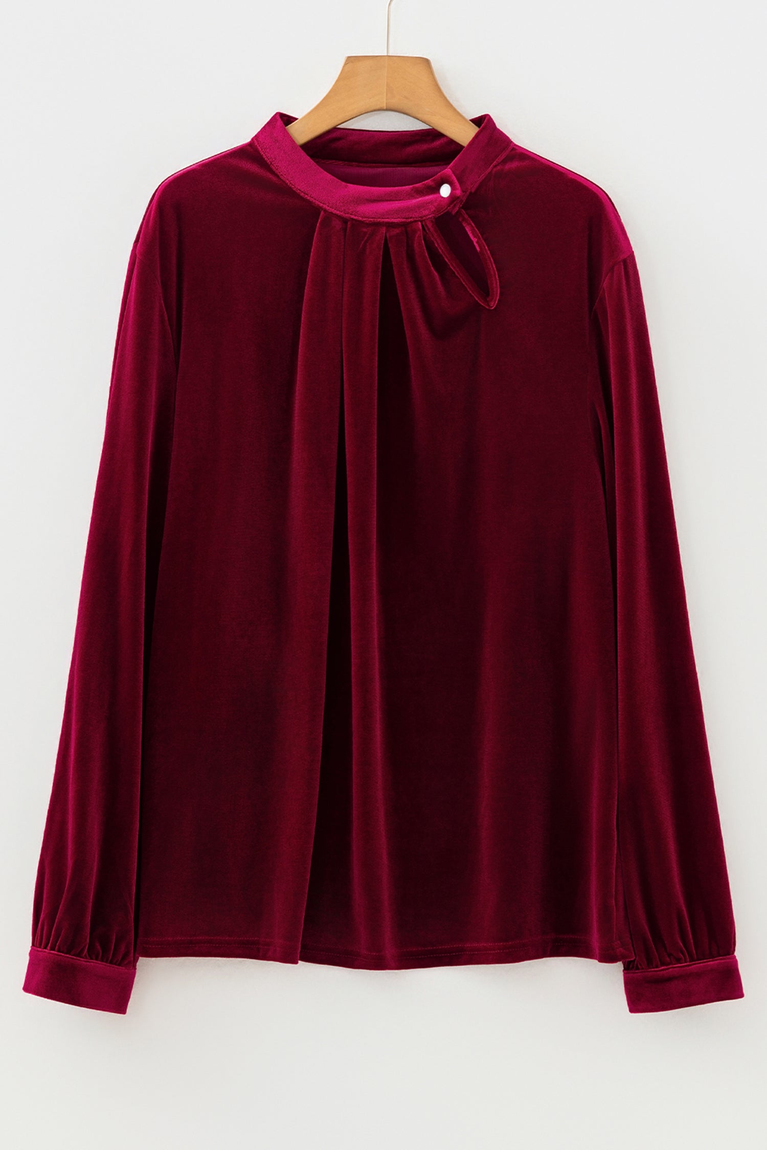 Evergreen Asymmetric Button Keyhole Neck Long Sleeve Velvet Blouse