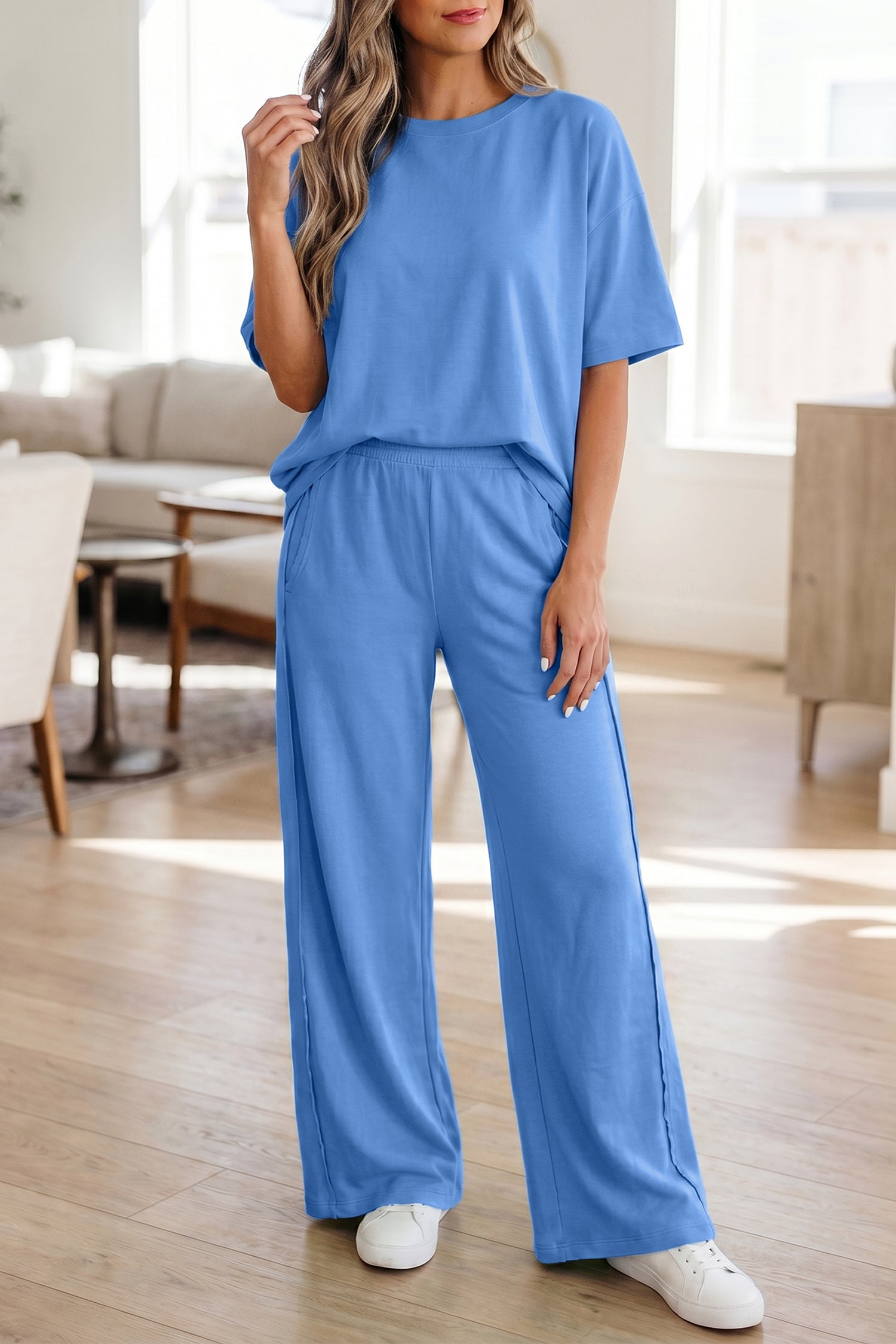 Sky Blue Solid Cover Oversize Tee Pocketed Casual Pants 2pcs Outfit