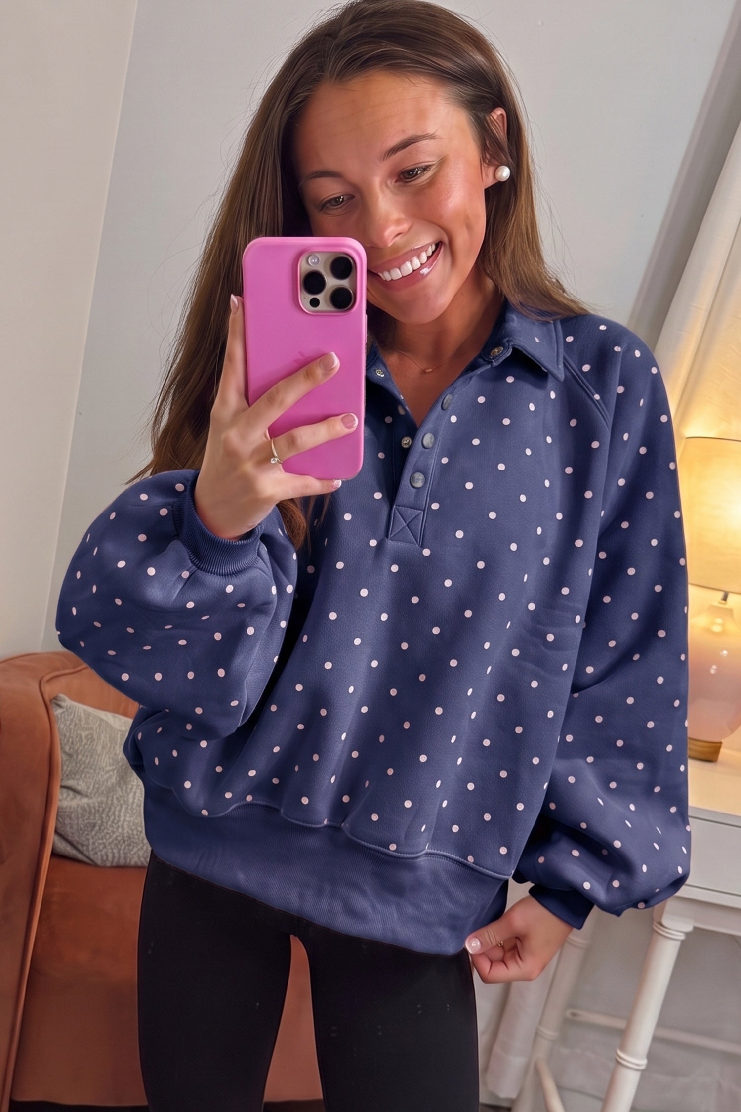 Pink Polka Dot Print Metal Button Collar Casual Pullover Sweatshirt