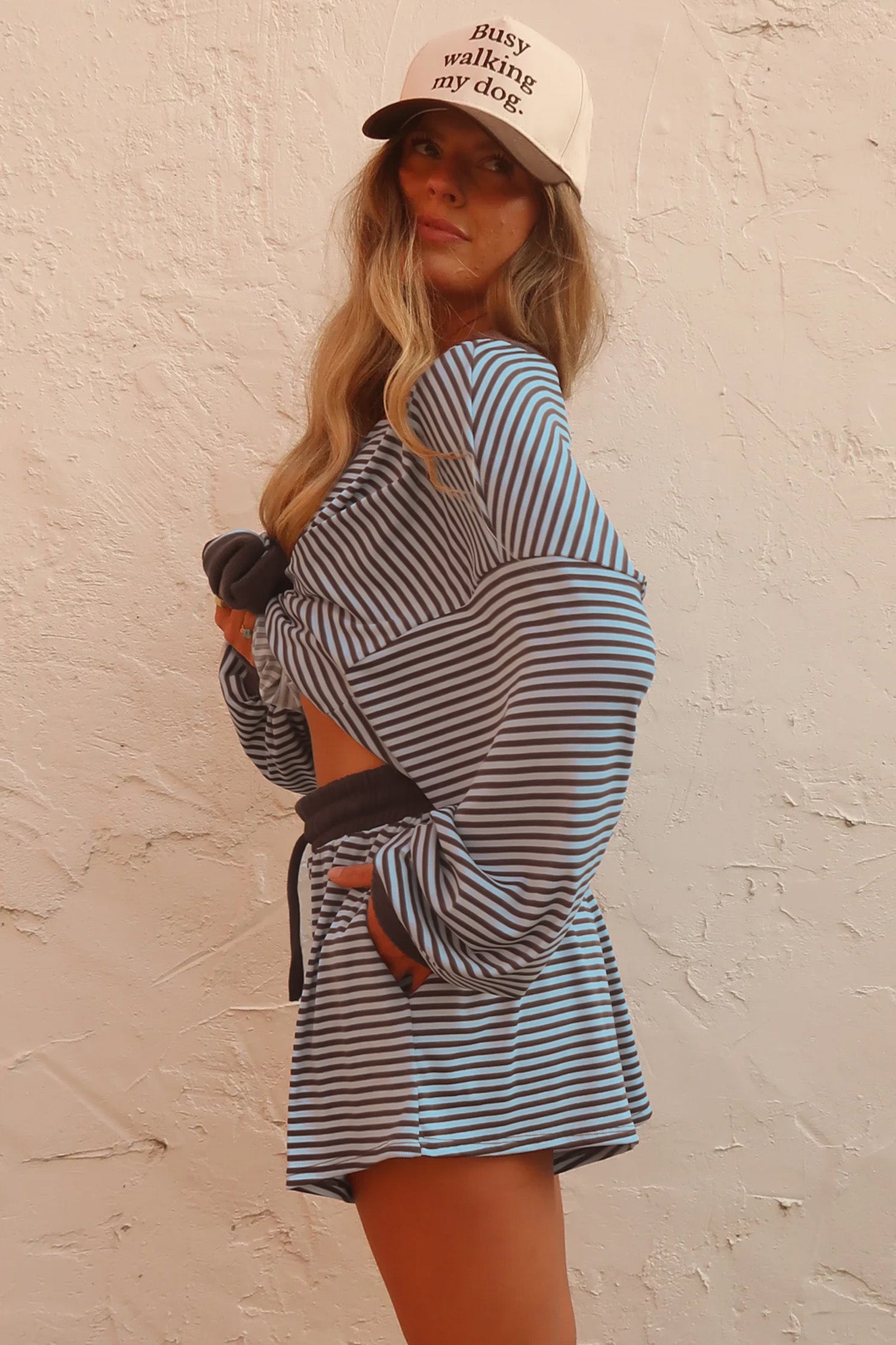 Yellow Stripe Oversized Long Sleeve Top Drawstring Loose Shorts 2pcs Set