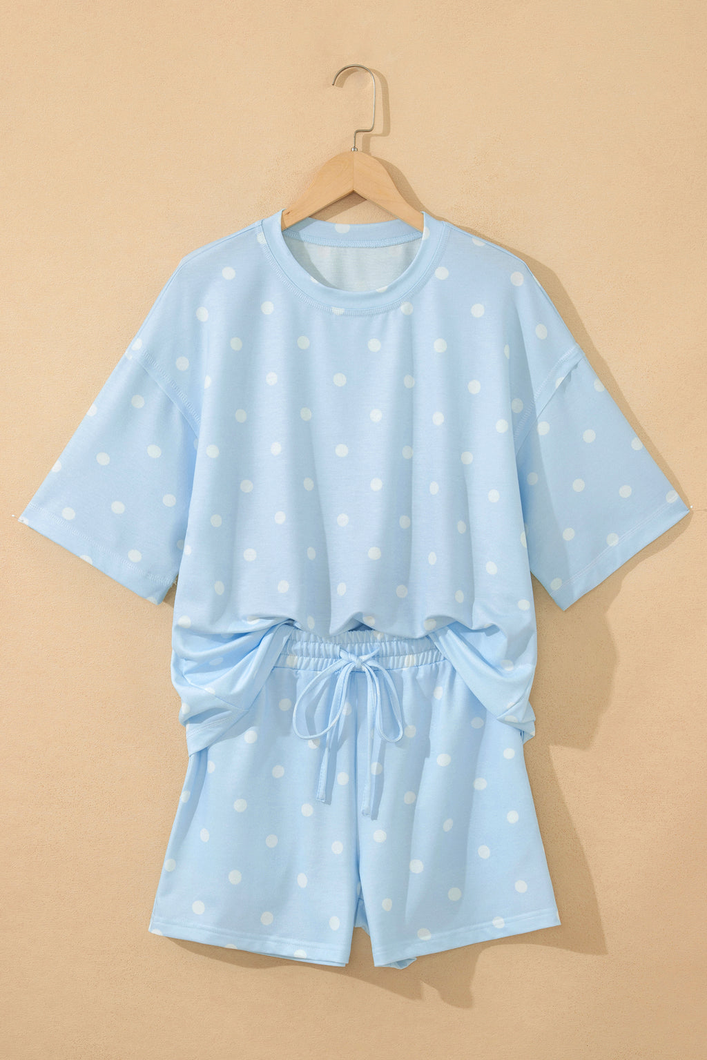 Pink Polka Dot Short Sleeve Loose Top Drawstring Shorts Set