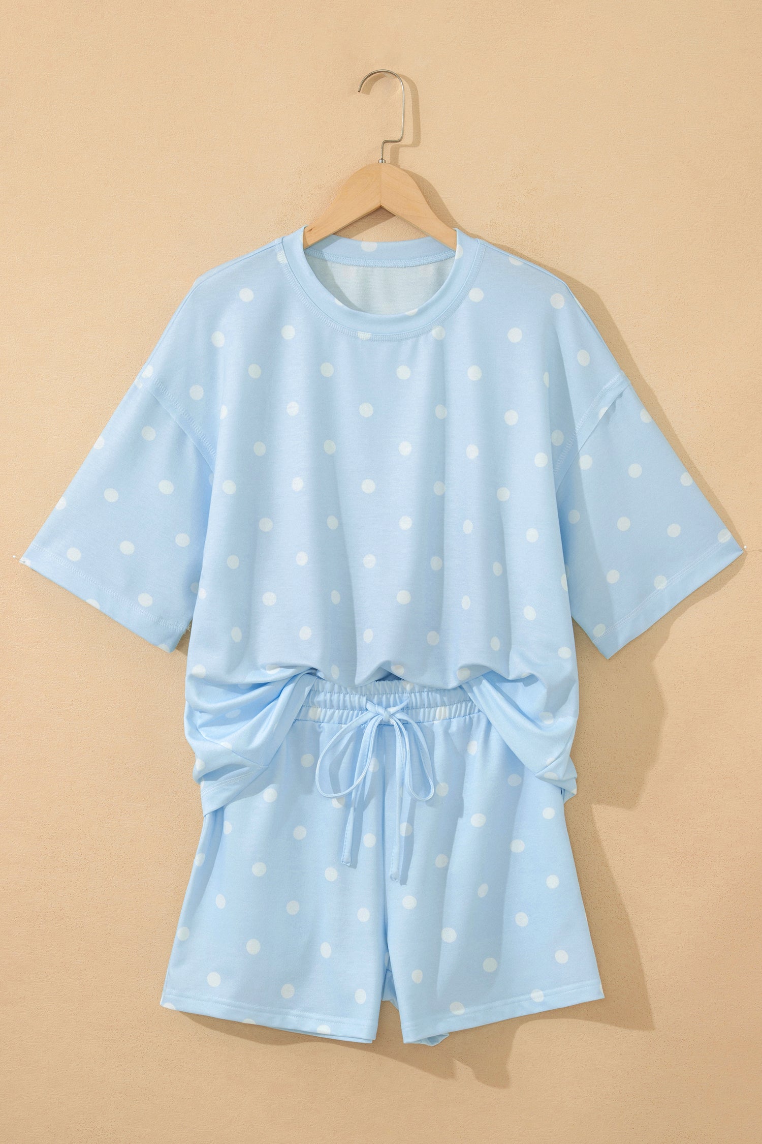 Pink Polka Dot Short Sleeve Loose Top Drawstring Shorts Set