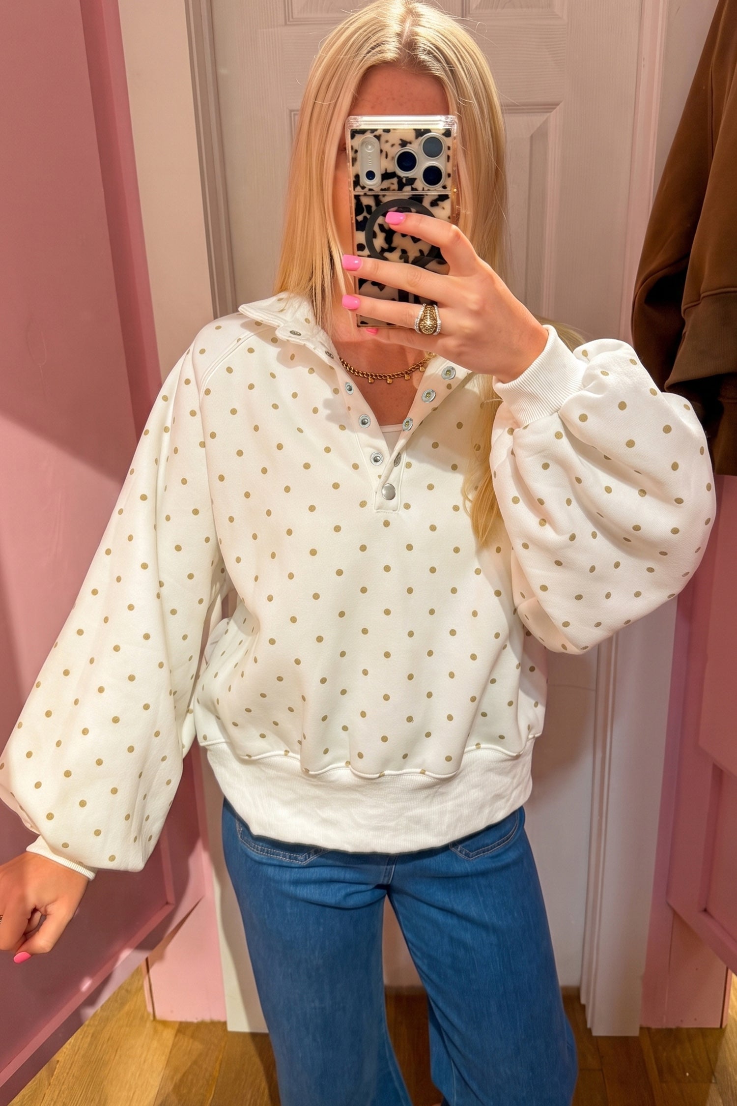 Pink Polka Dot Print Metal Button Collar Casual Pullover Sweatshirt