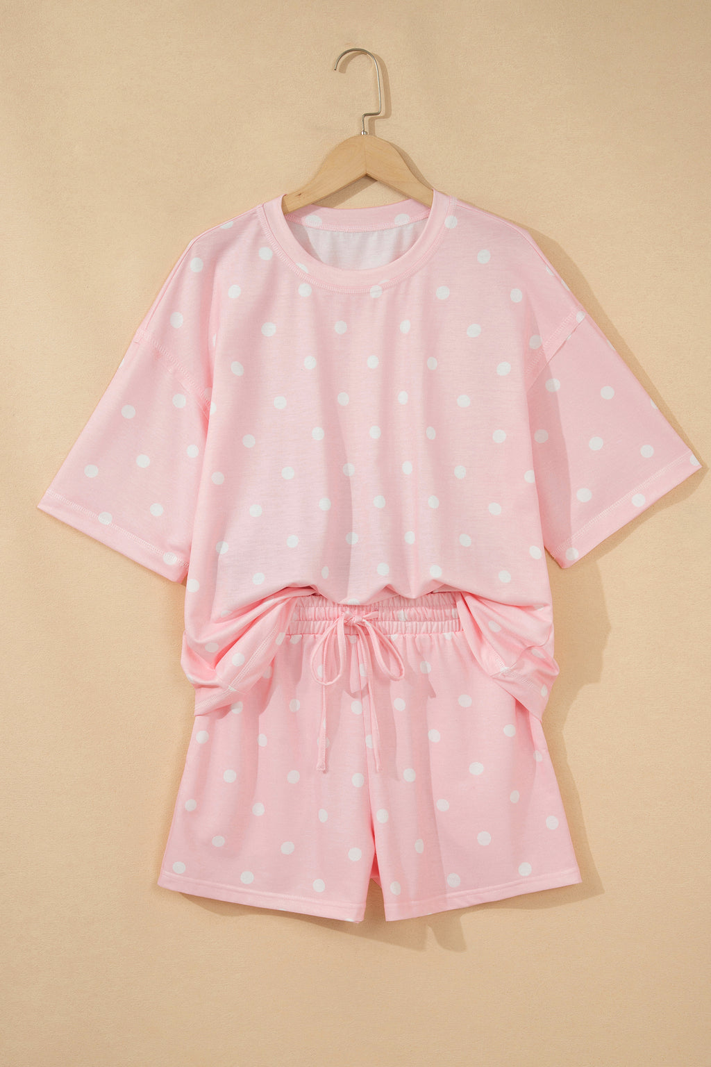 Pink Polka Dot Short Sleeve Loose Top Drawstring Shorts Set