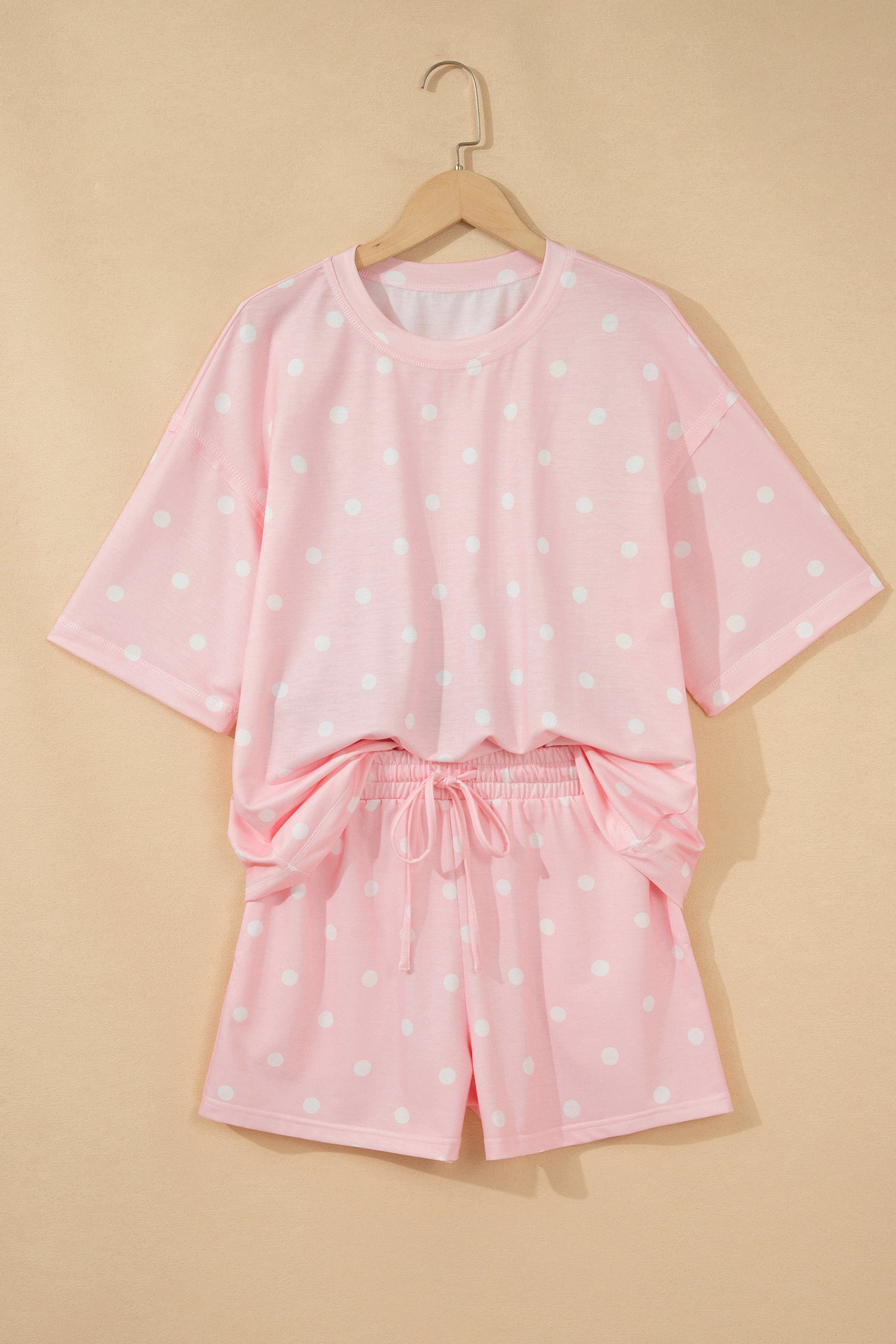 Pink Polka Dot Short Sleeve Loose Top Drawstring Shorts Set
