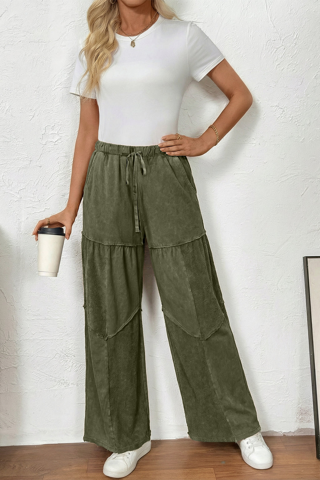 Vineyard Green Mineral Wash Tiered Wide Leg Patchwork Drawstring Pants