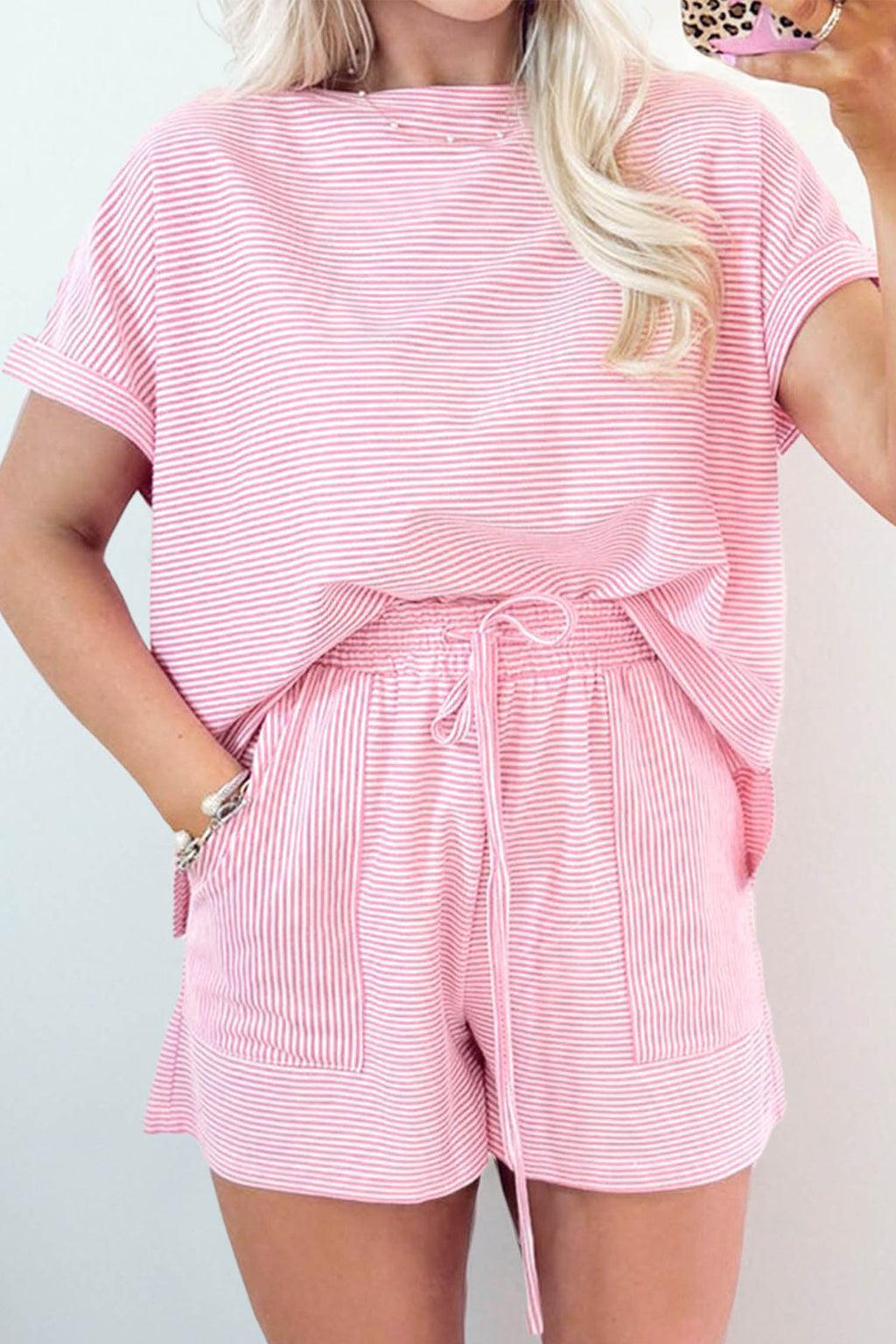 Pink Stripe Matching Oversized Tee and Drawstring Shorts Set