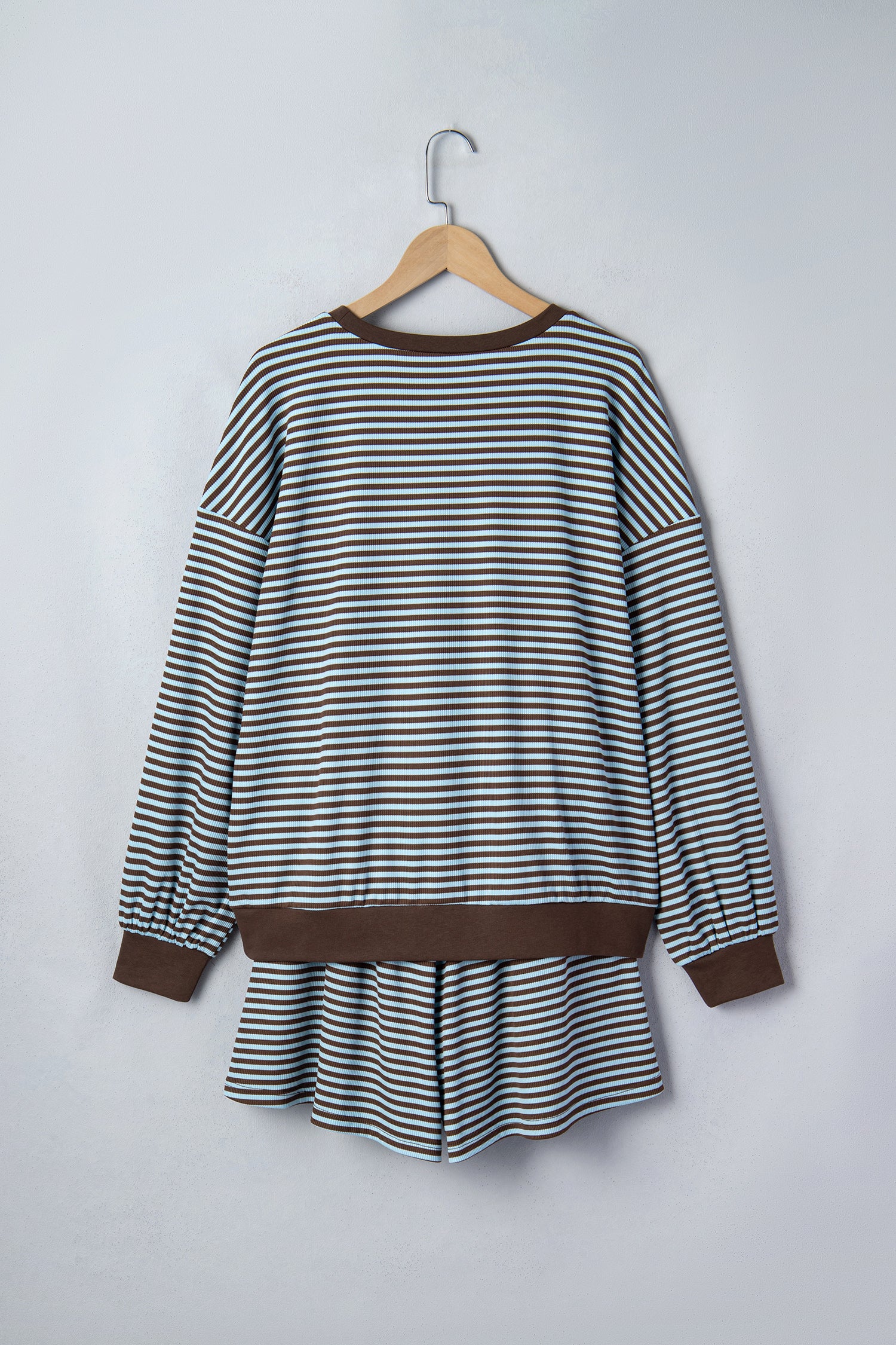 Yellow Stripe Oversized Long Sleeve Top Drawstring Loose Shorts 2pcs Set