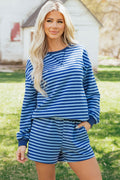 Blue Stripe Drop Shoulder Long Sleeve Pullover Elastic Waist Casual Short Set