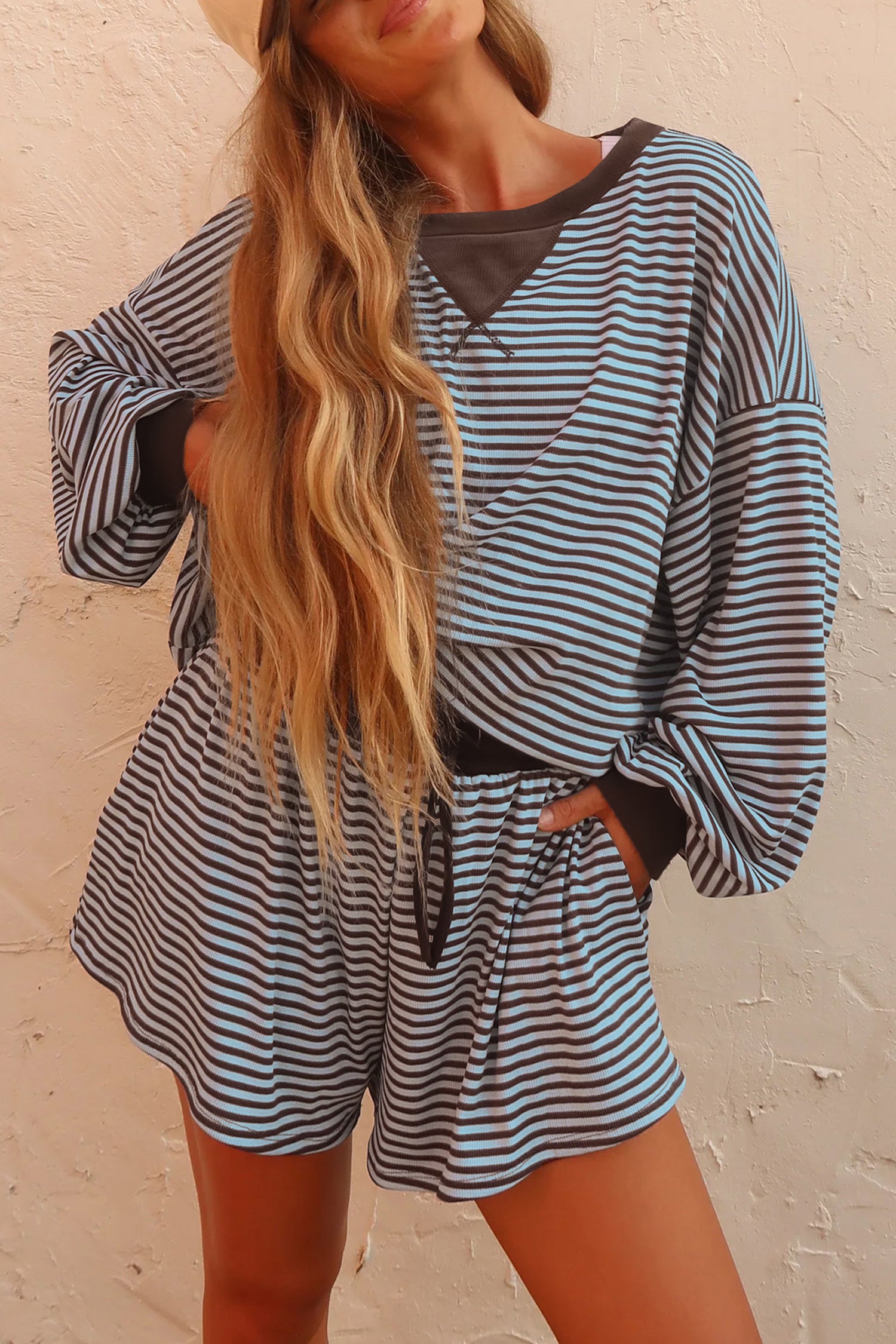 Yellow Stripe Oversized Long Sleeve Top Drawstring Loose Shorts 2pcs Set