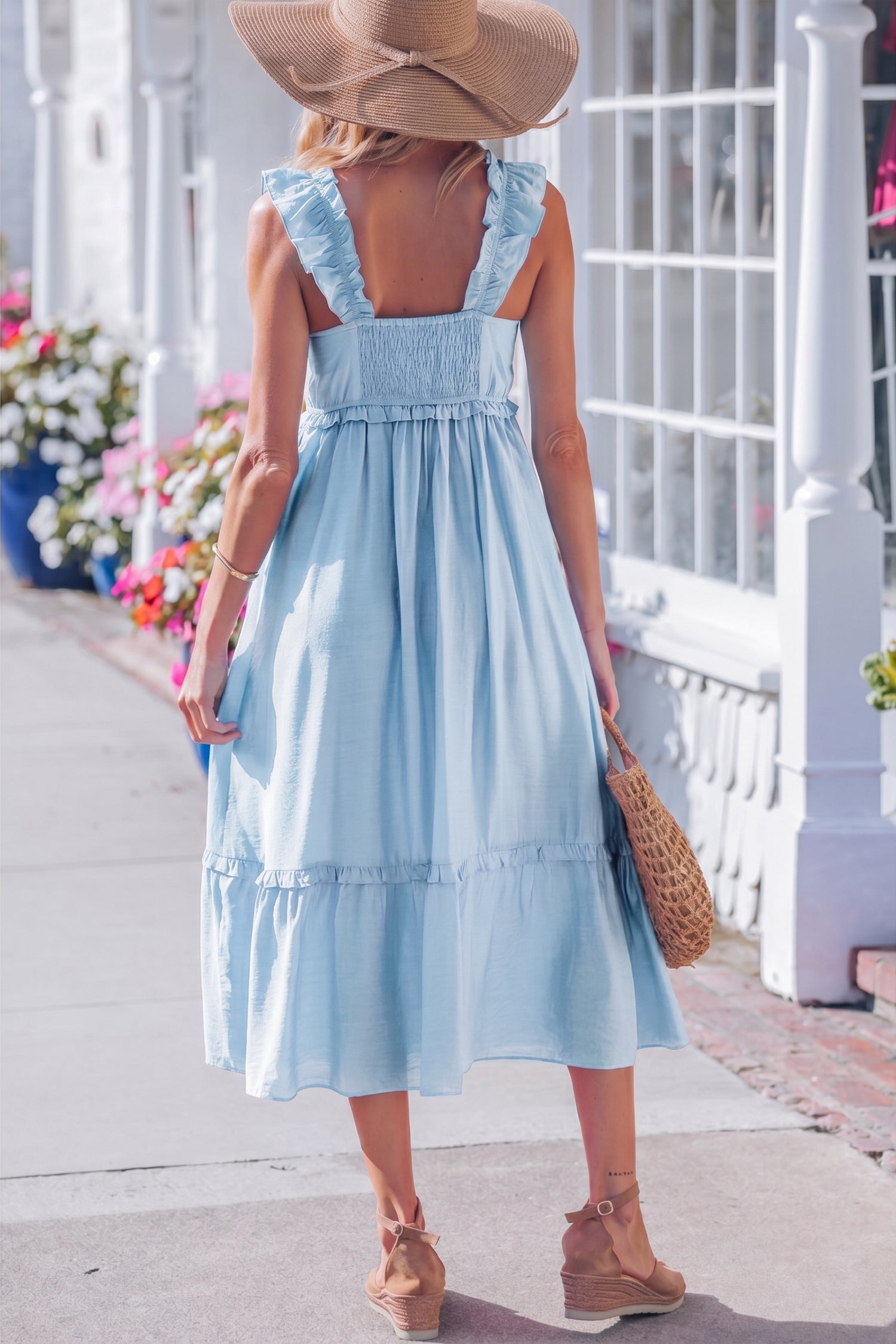 Beau Blue Solid Color Ruffle Trim High Waist Sleeveless Maxi Dress
