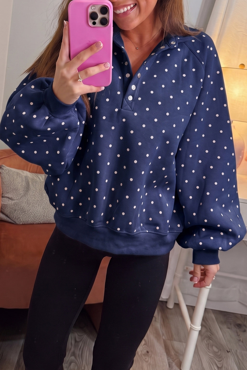 Pink Polka Dot Print Metal Button Collar Casual Pullover Sweatshirt