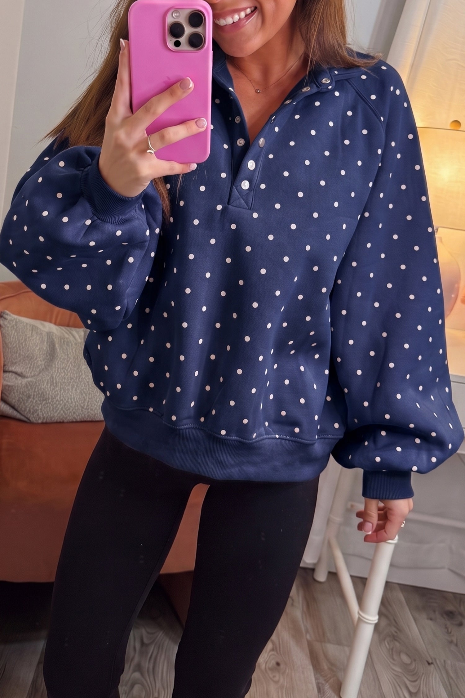 Pink Polka Dot Print Metal Button Collar Casual Pullover Sweatshirt