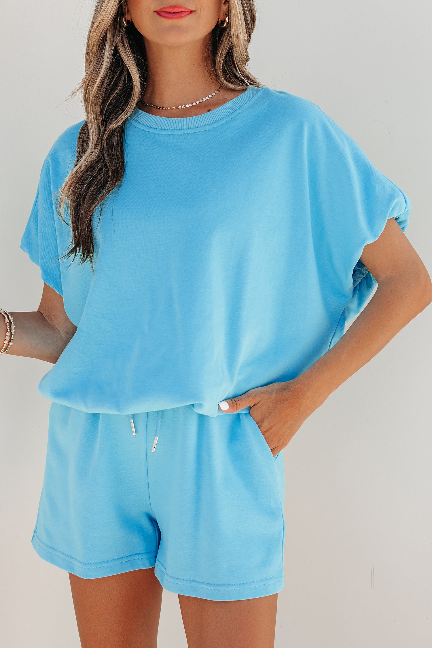 Green Solid Color Puffy Loose Top Drawstring Shorts 2pcs Outfit