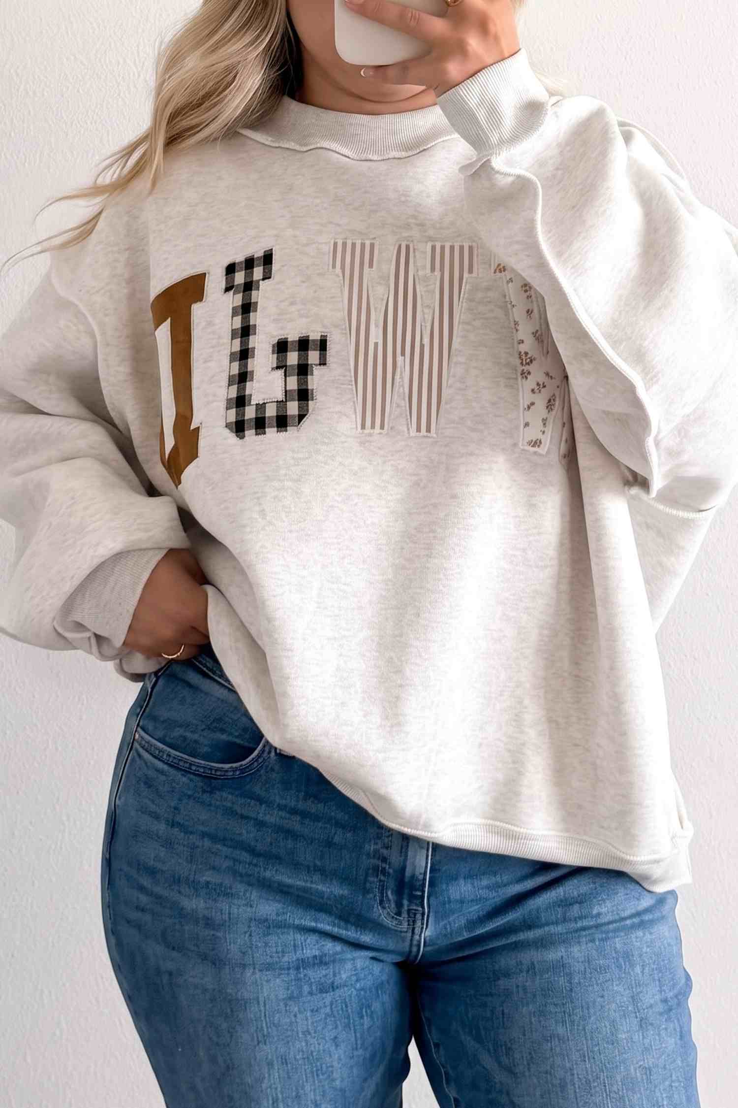 Gray WWJD Mix Pattern Letter Graphic Exposed Seam Loose Plus Size Sweatshirt