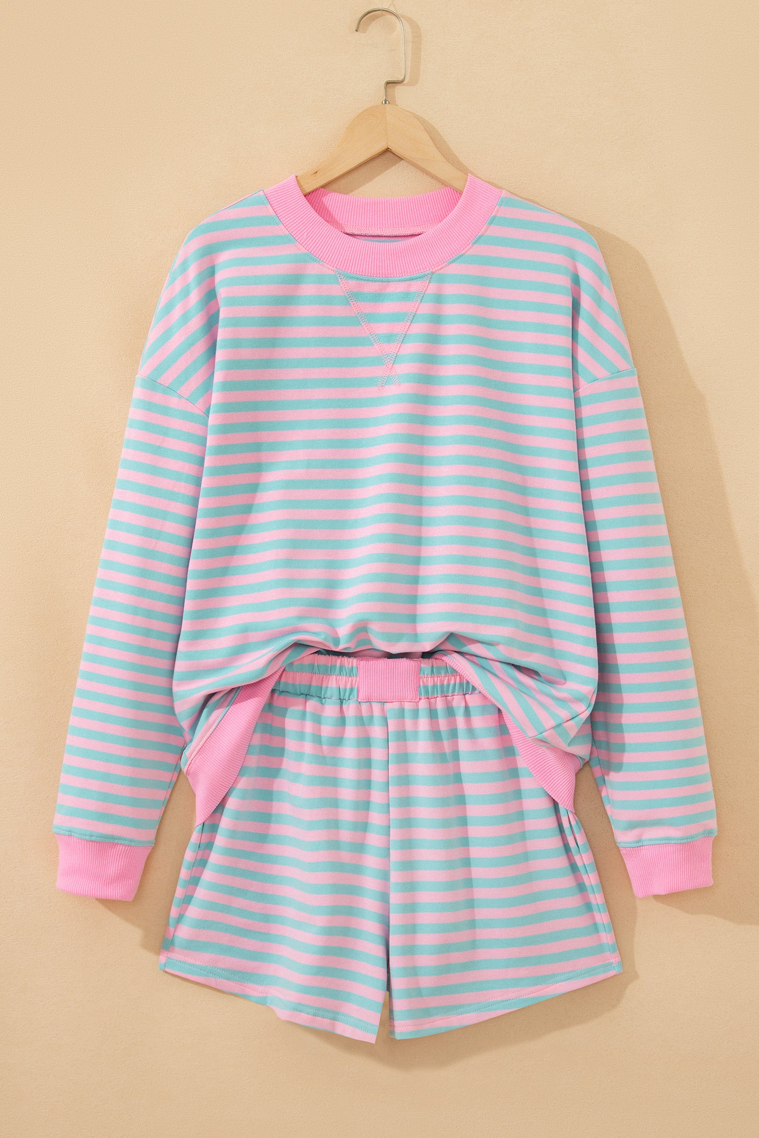 Yellow Stripe Color Block Detail Long Sleeve Pullover Elastic Waist Pull On Shorts 2pcs Set