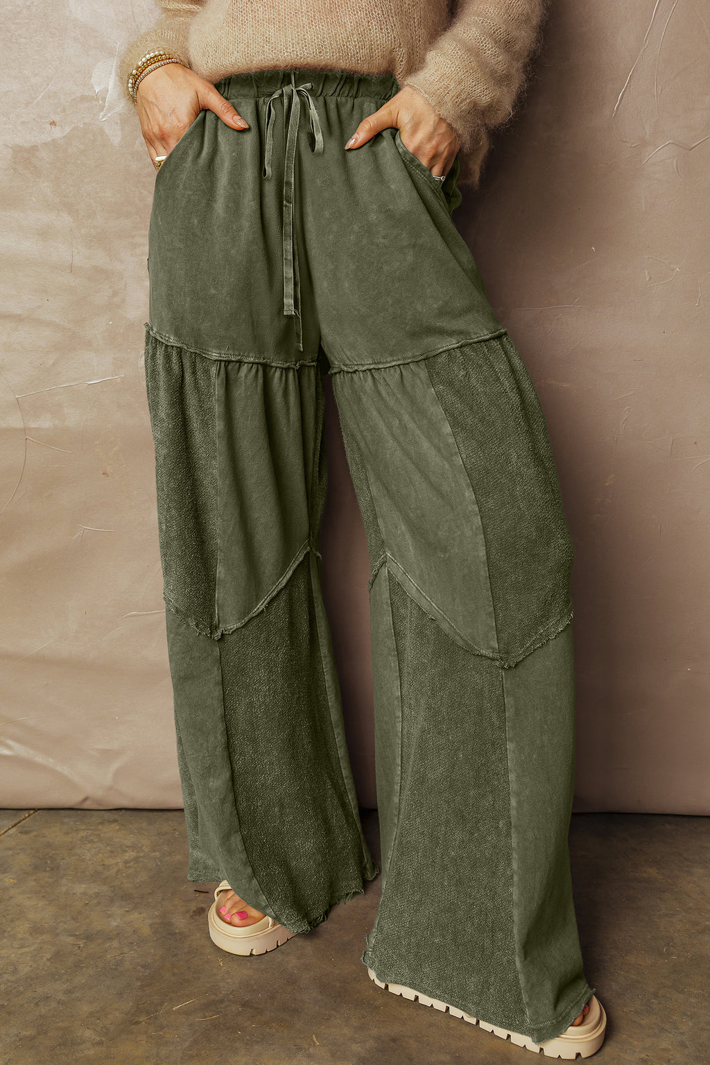 Vineyard Green Mineral Wash Tiered Wide Leg Patchwork Drawstring Pants